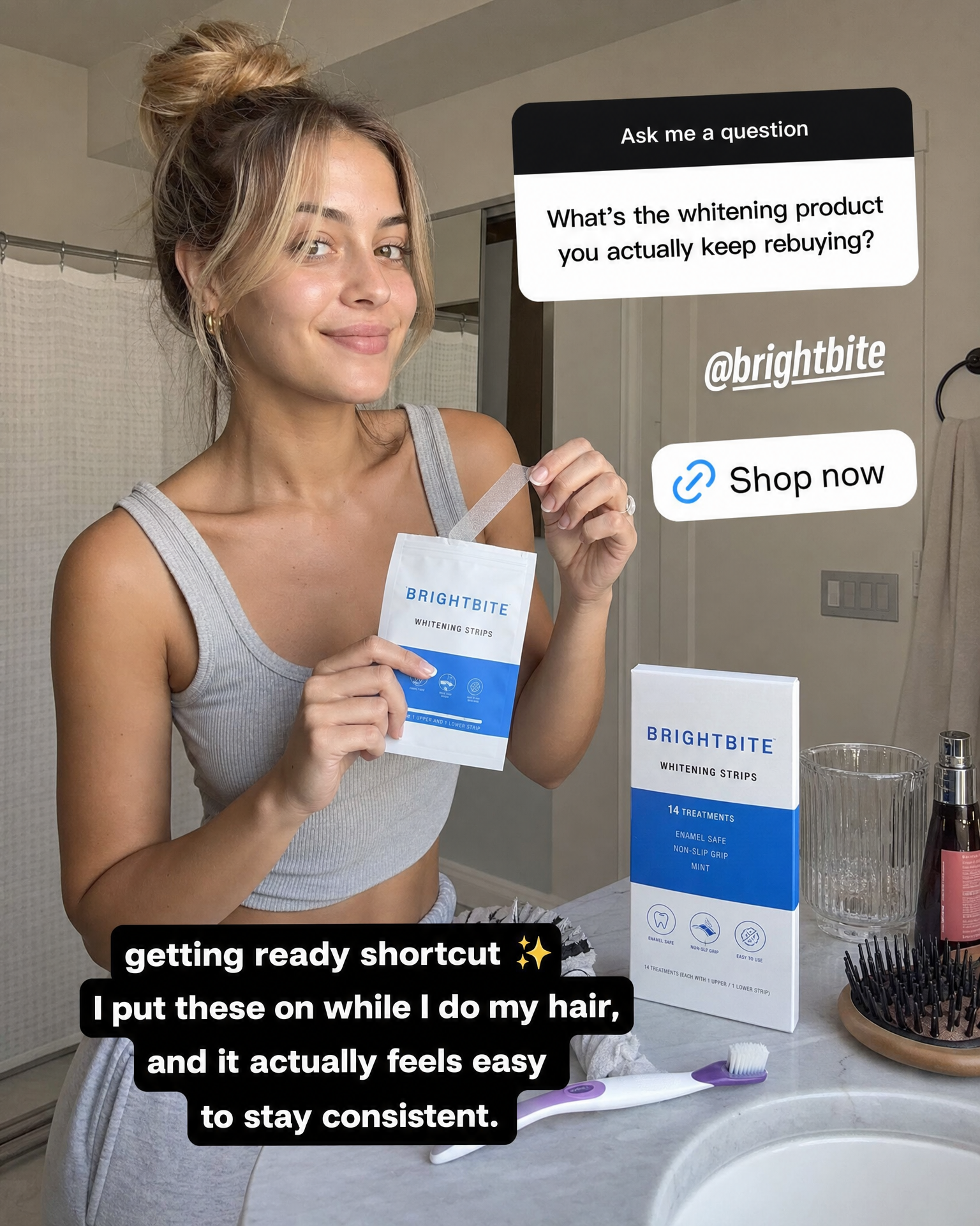BRIGHTBITE organic Instagram Story whitening strips ad concept