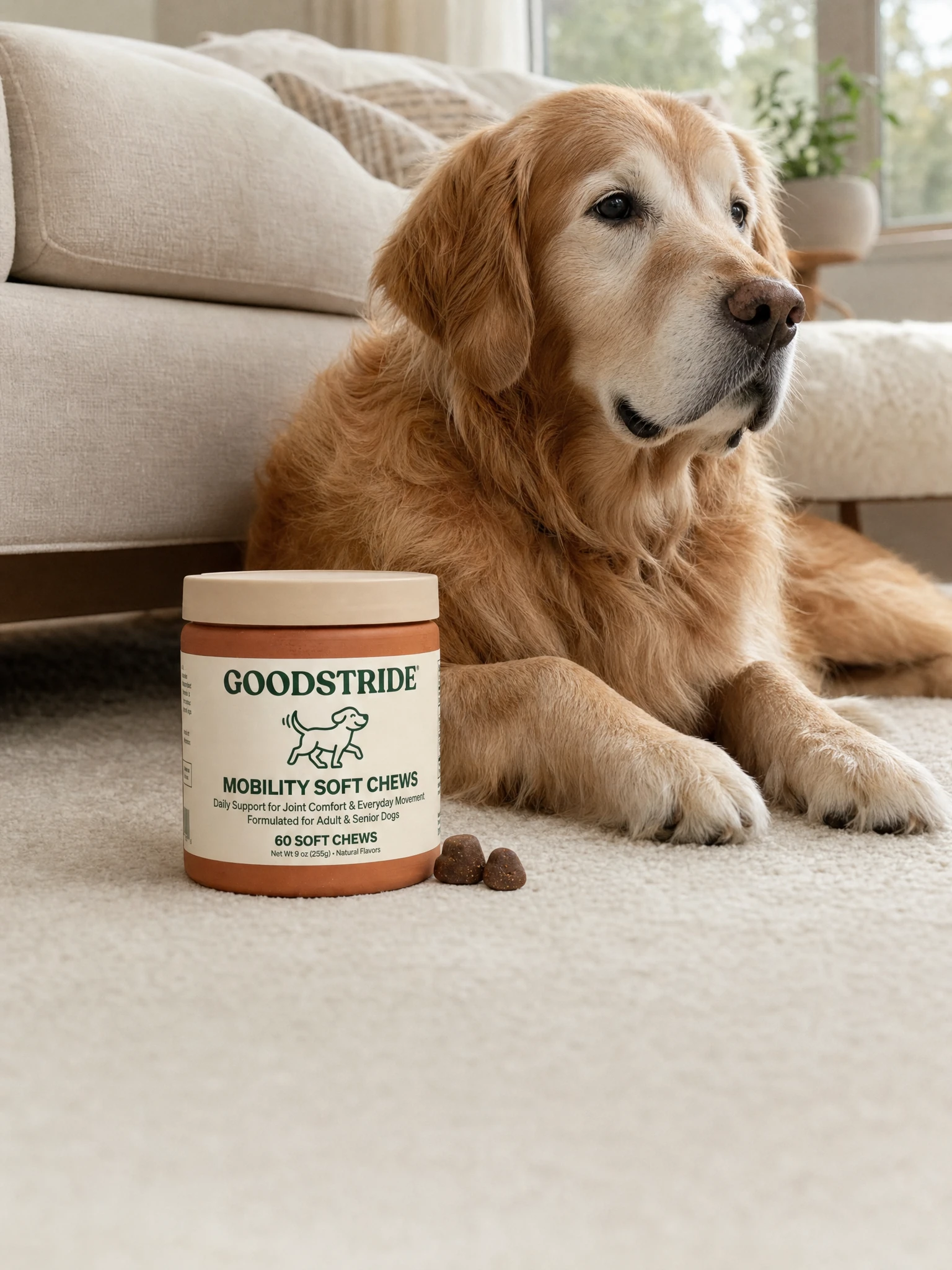 GOODSTRIDE Mobility Soft Chews beside a senior golden retriever