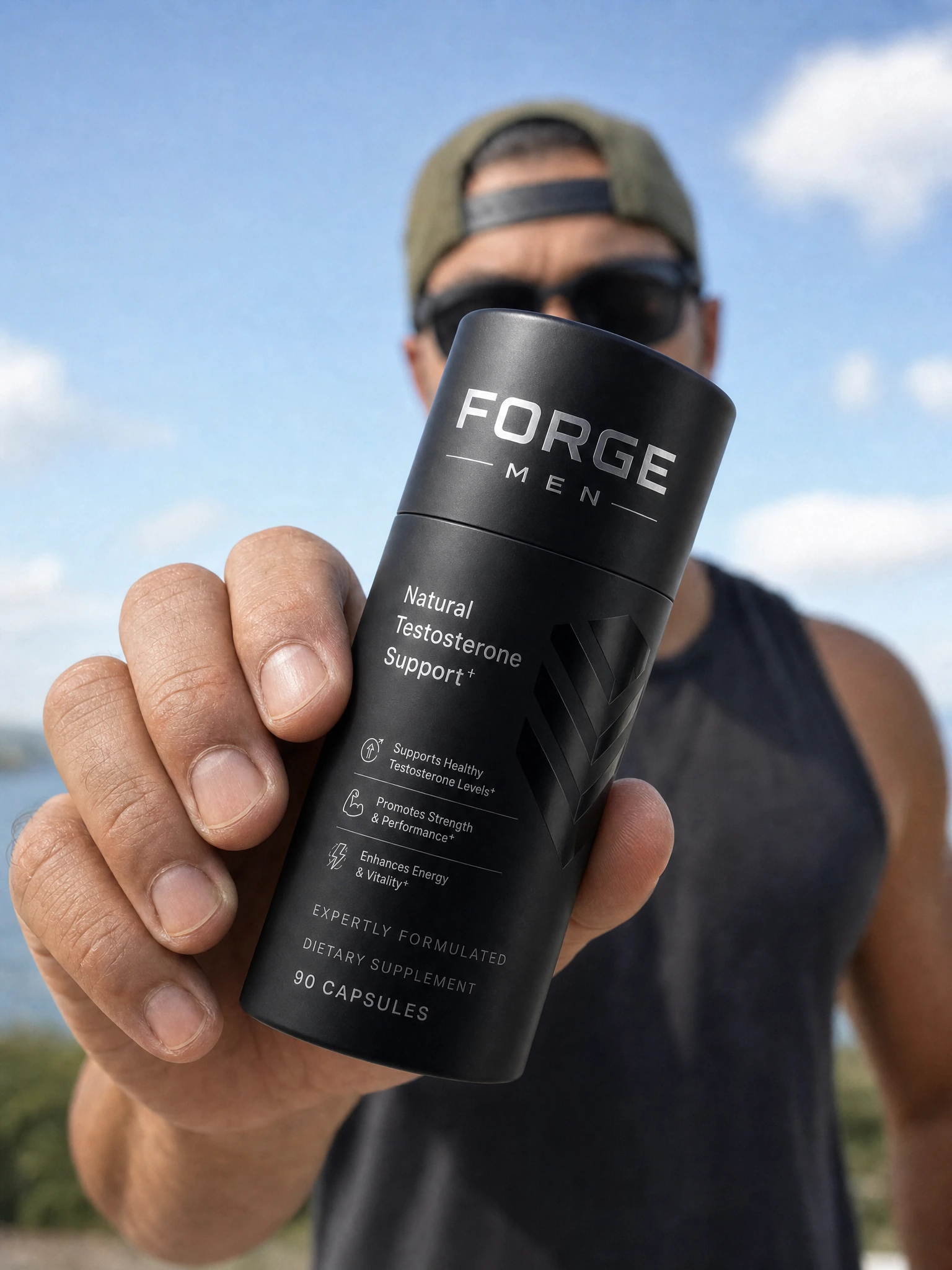 Man holding FORGE MEN Natural Testosterone Support supplement toward the camera