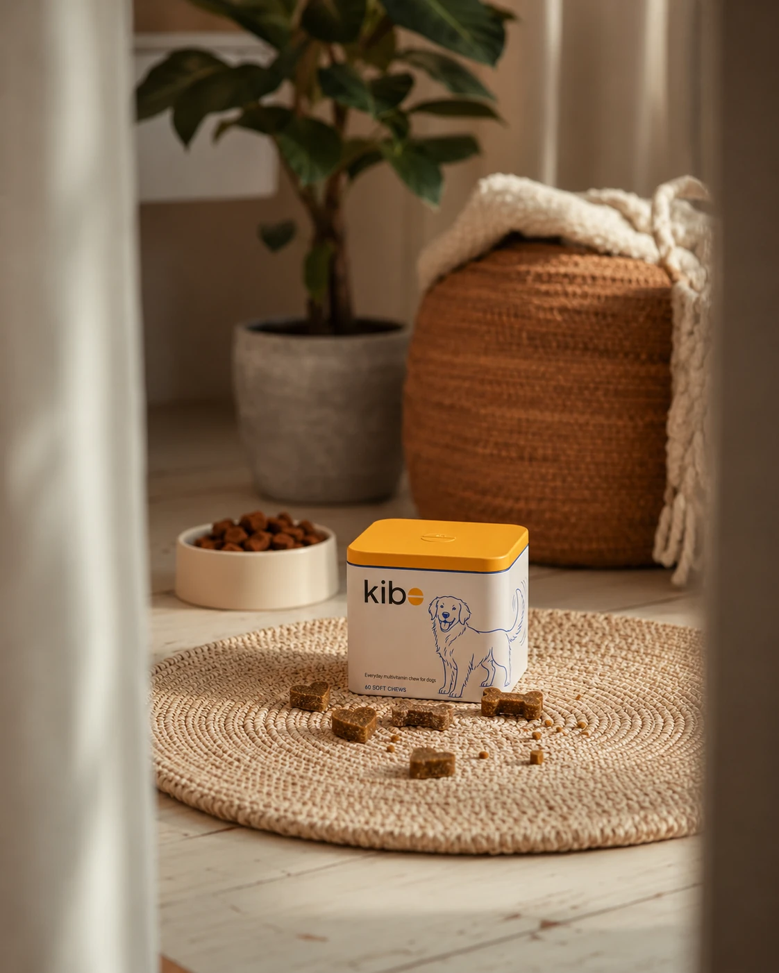 One Kibo tin and several chews arranged on a woven mat in a warm home