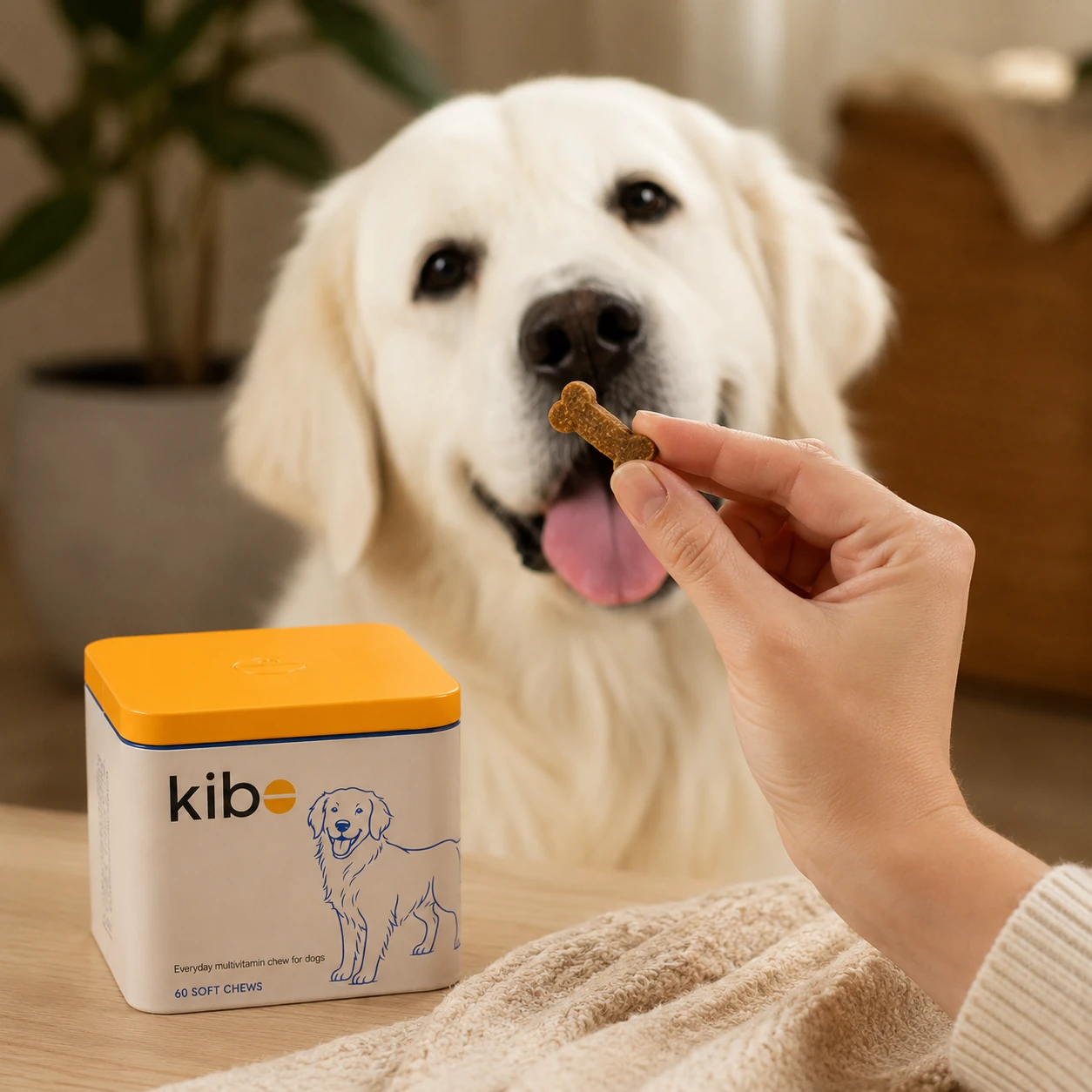 A hand offering one bone-shaped Kibo chew to a white dog beside the tin