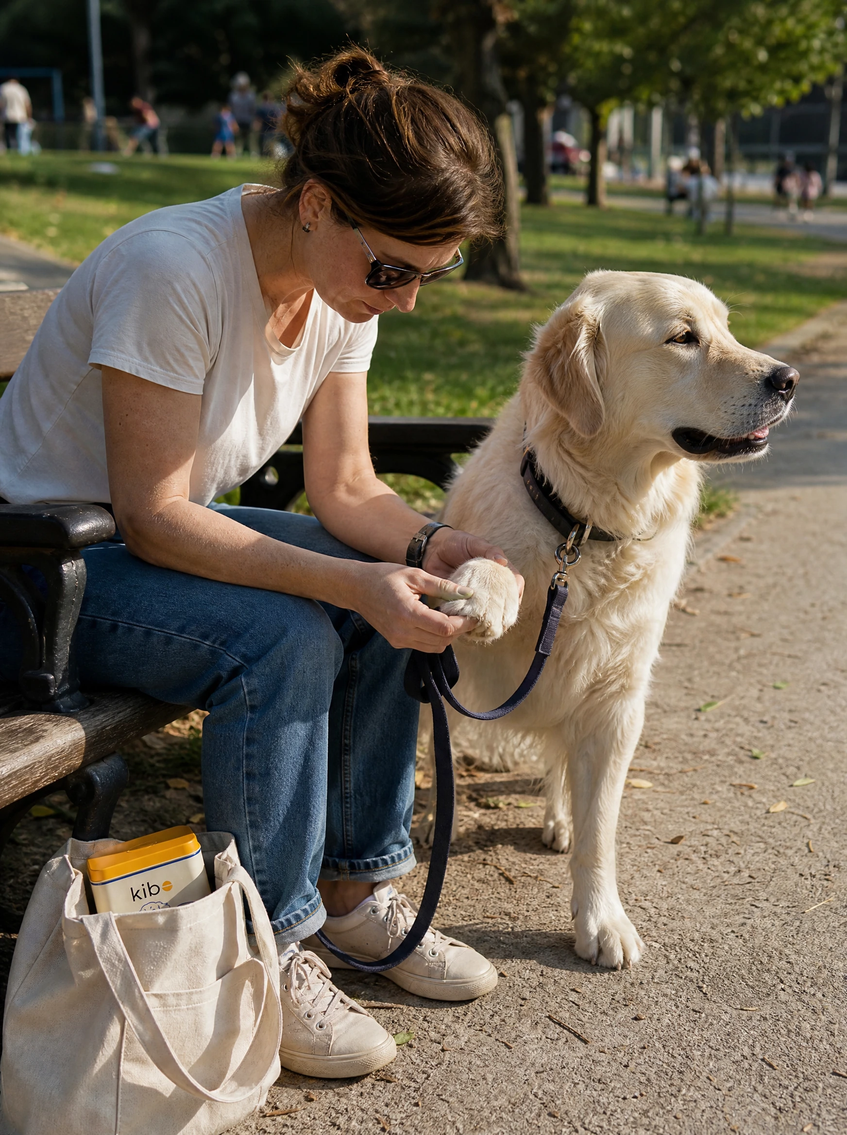 A woman checking a cream-white Golden Retriever's paw on a park bench with a Kibo tin in a tote bag