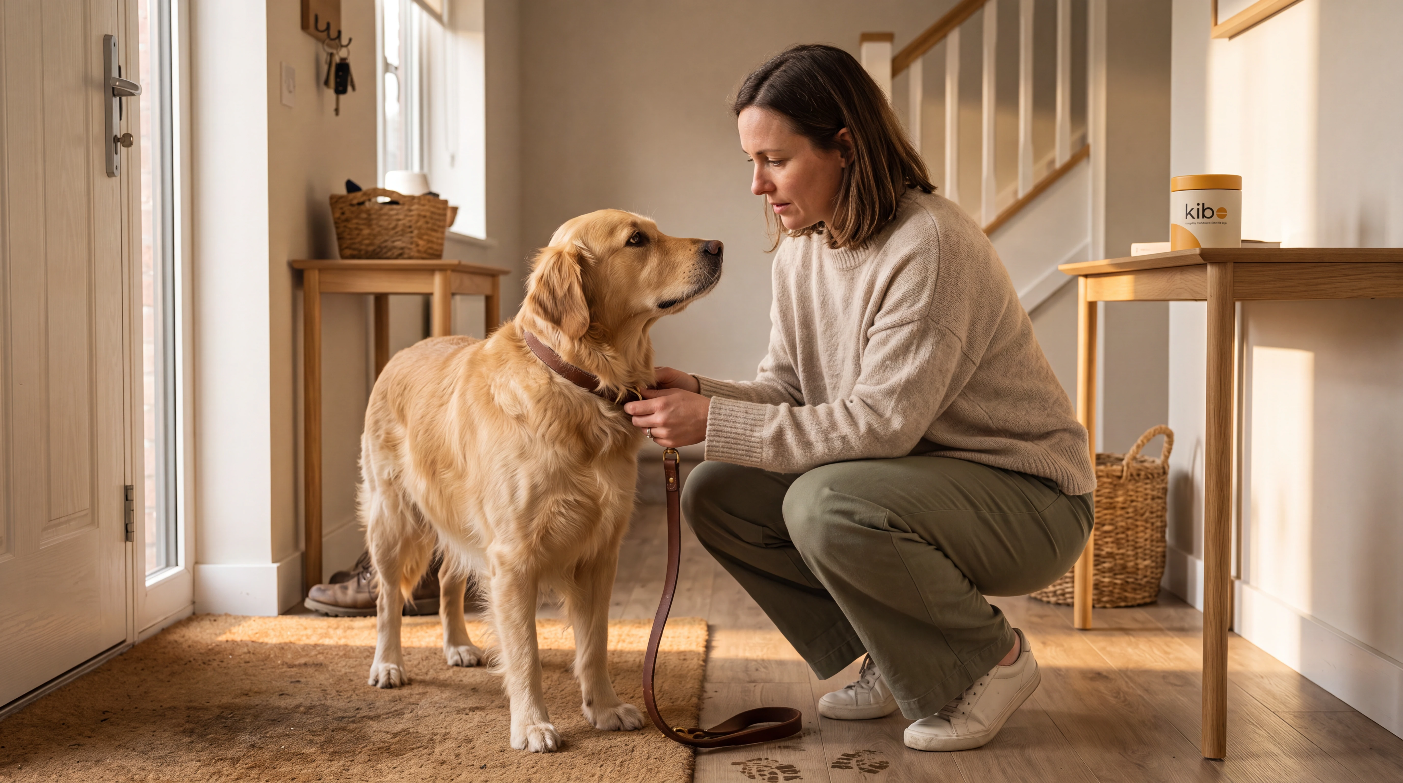 Kibo pet supplement campaign with owner and golden retriever