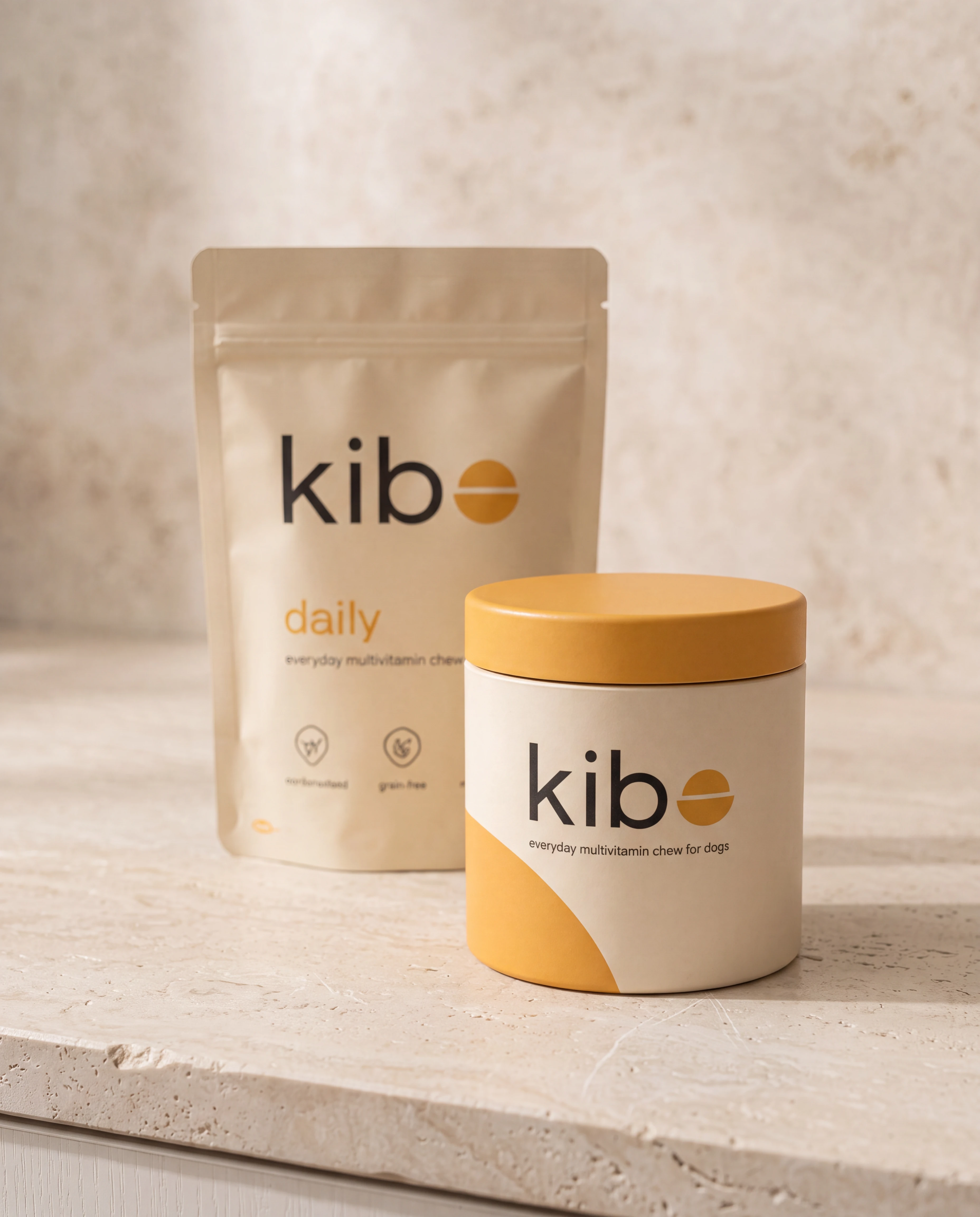Kibo daily multivitamin jar and refill pouch on a warm stone counter