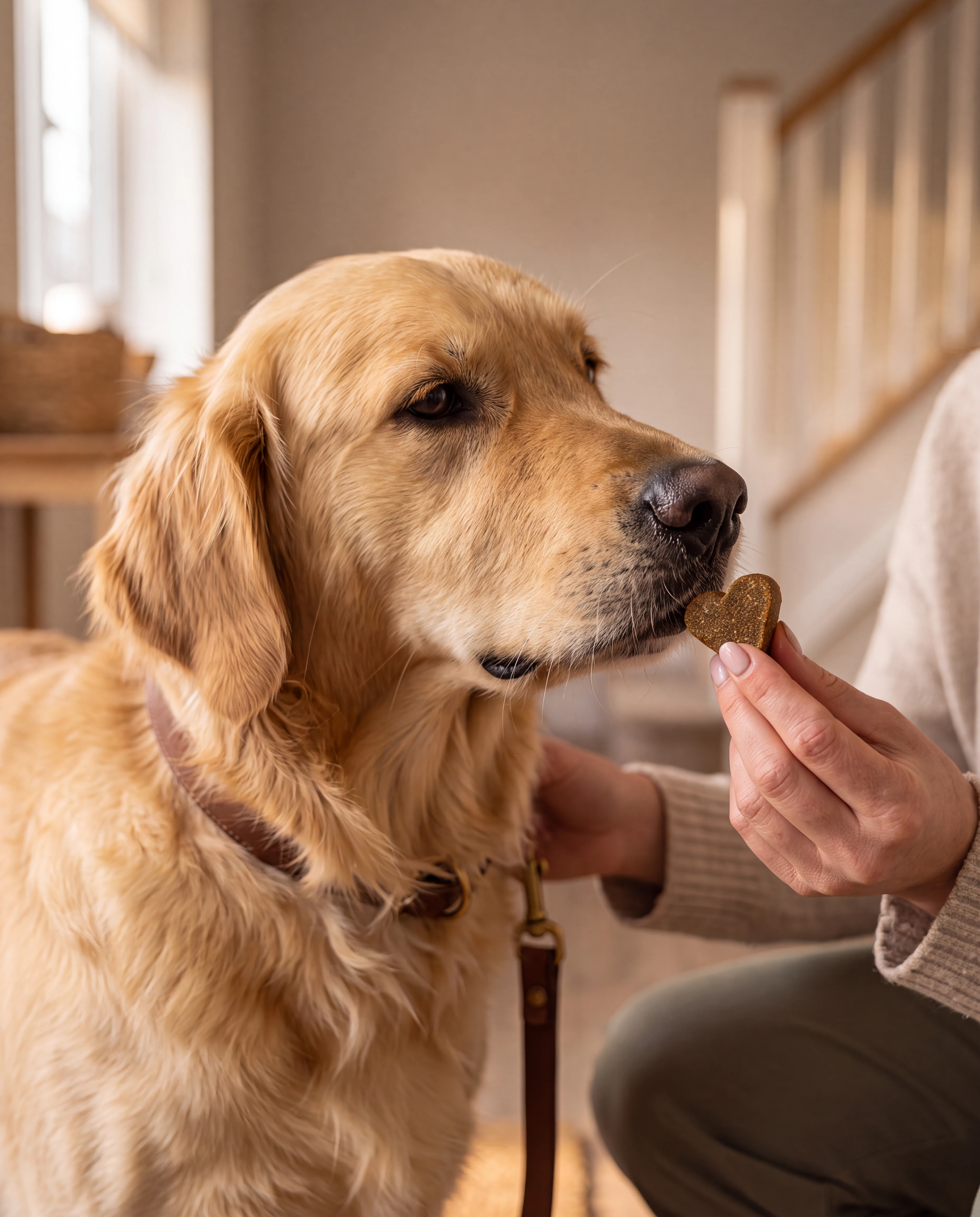 A golden retriever calmly smelling a small heart-shaped Kibo chew