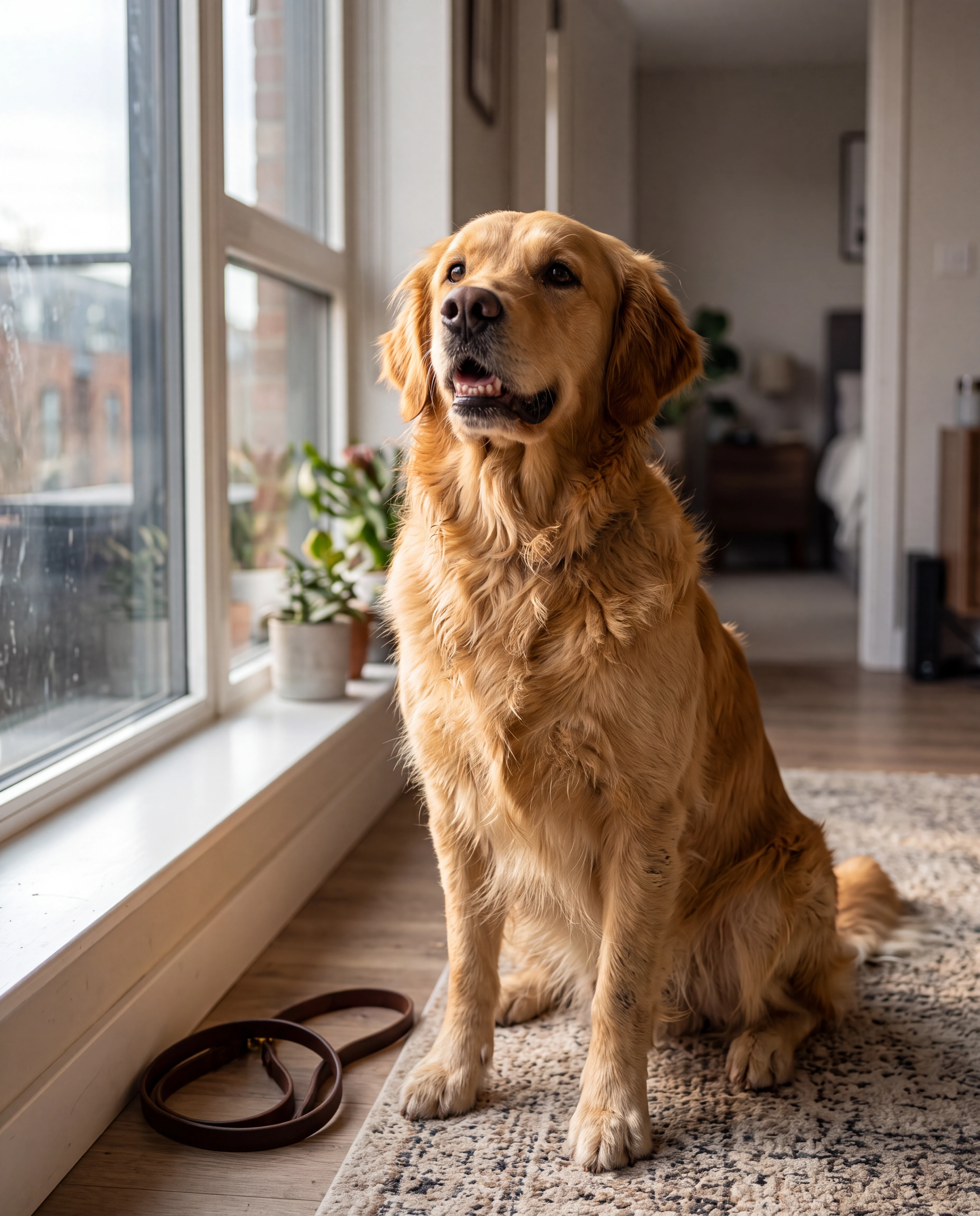 A golden retriever waiting beside a sunlit window after its walk
