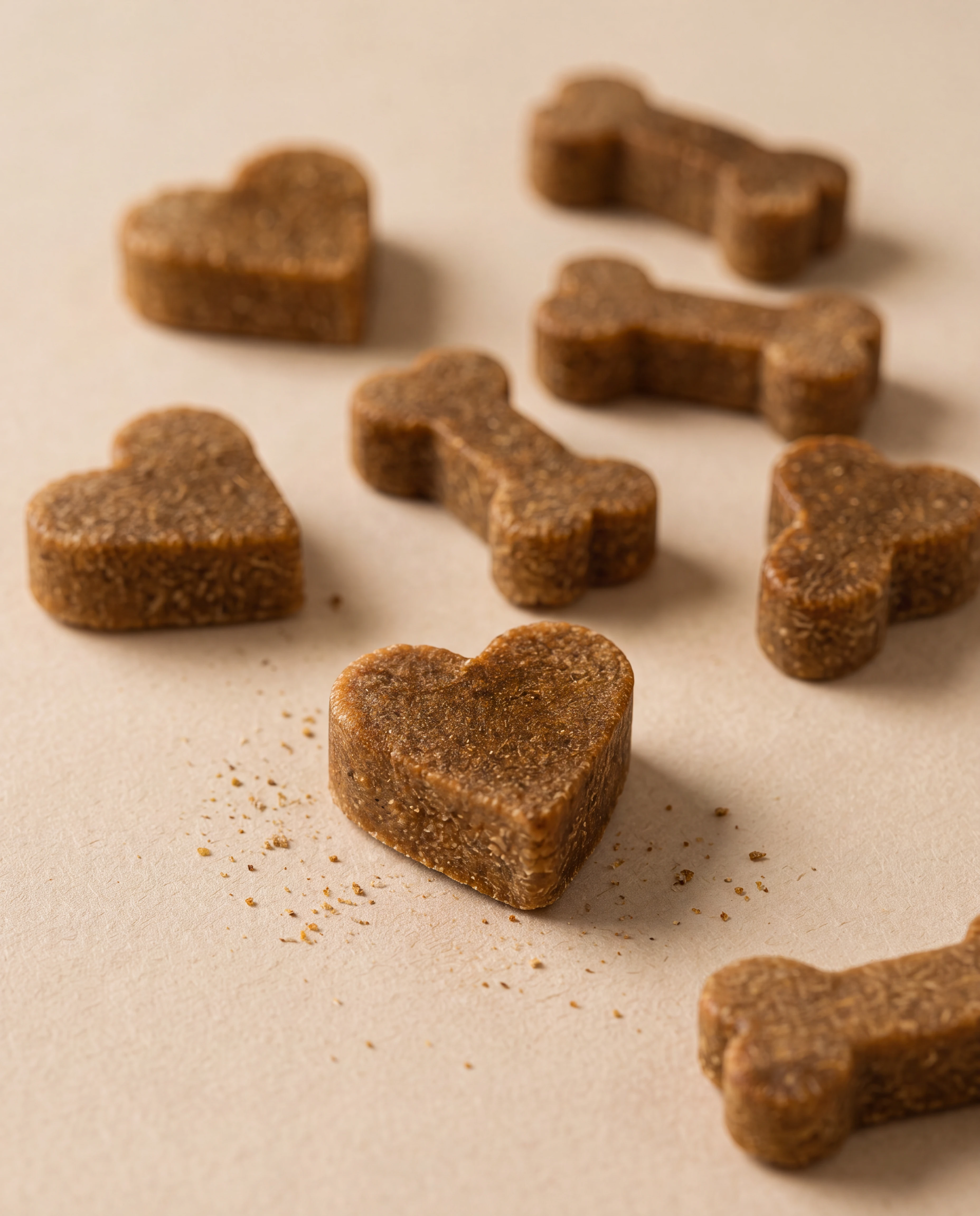 Macro detail of Kibo heart and bone shaped chews with natural fibrous texture