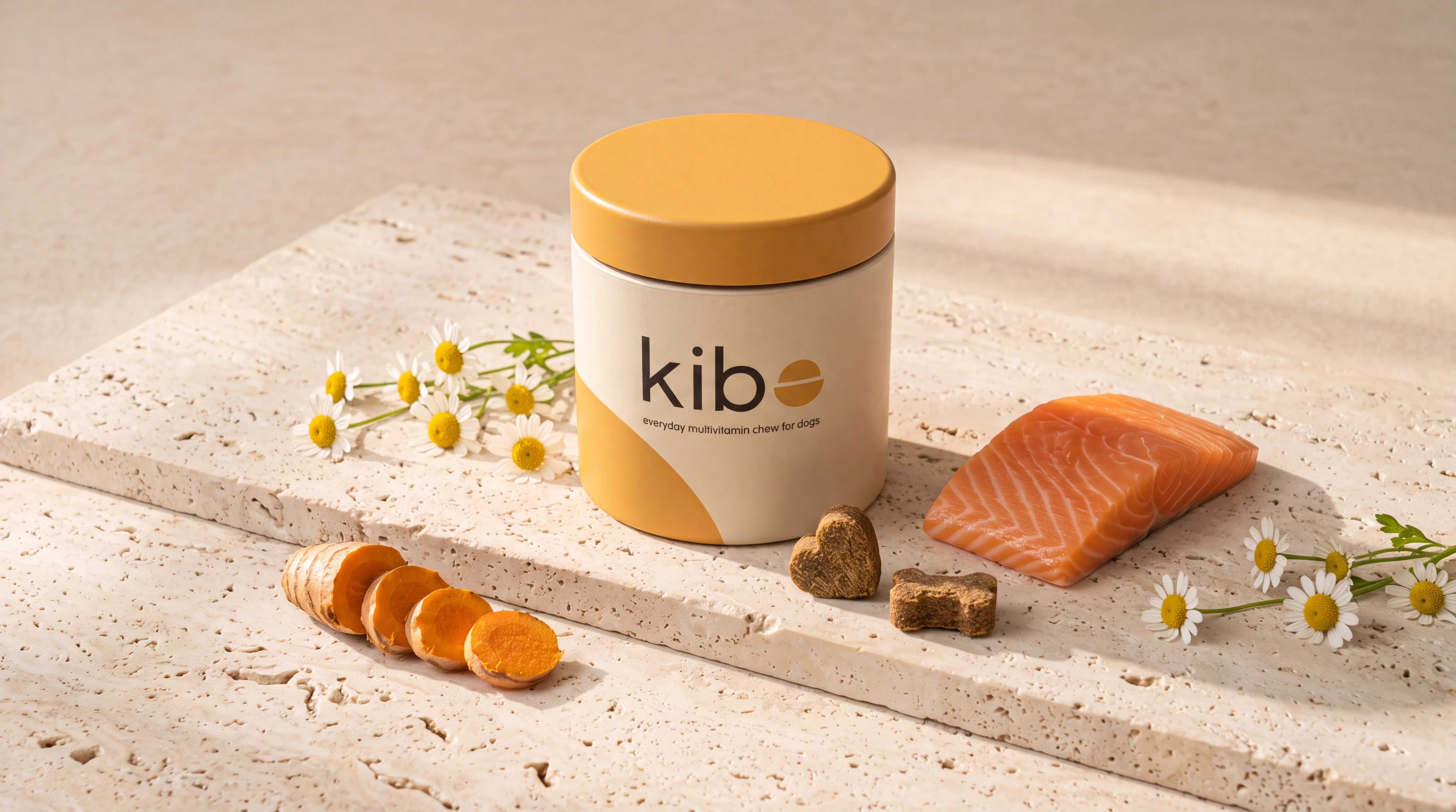 A Kibo daily jar with salmon, turmeric, chamomile, and two small chews