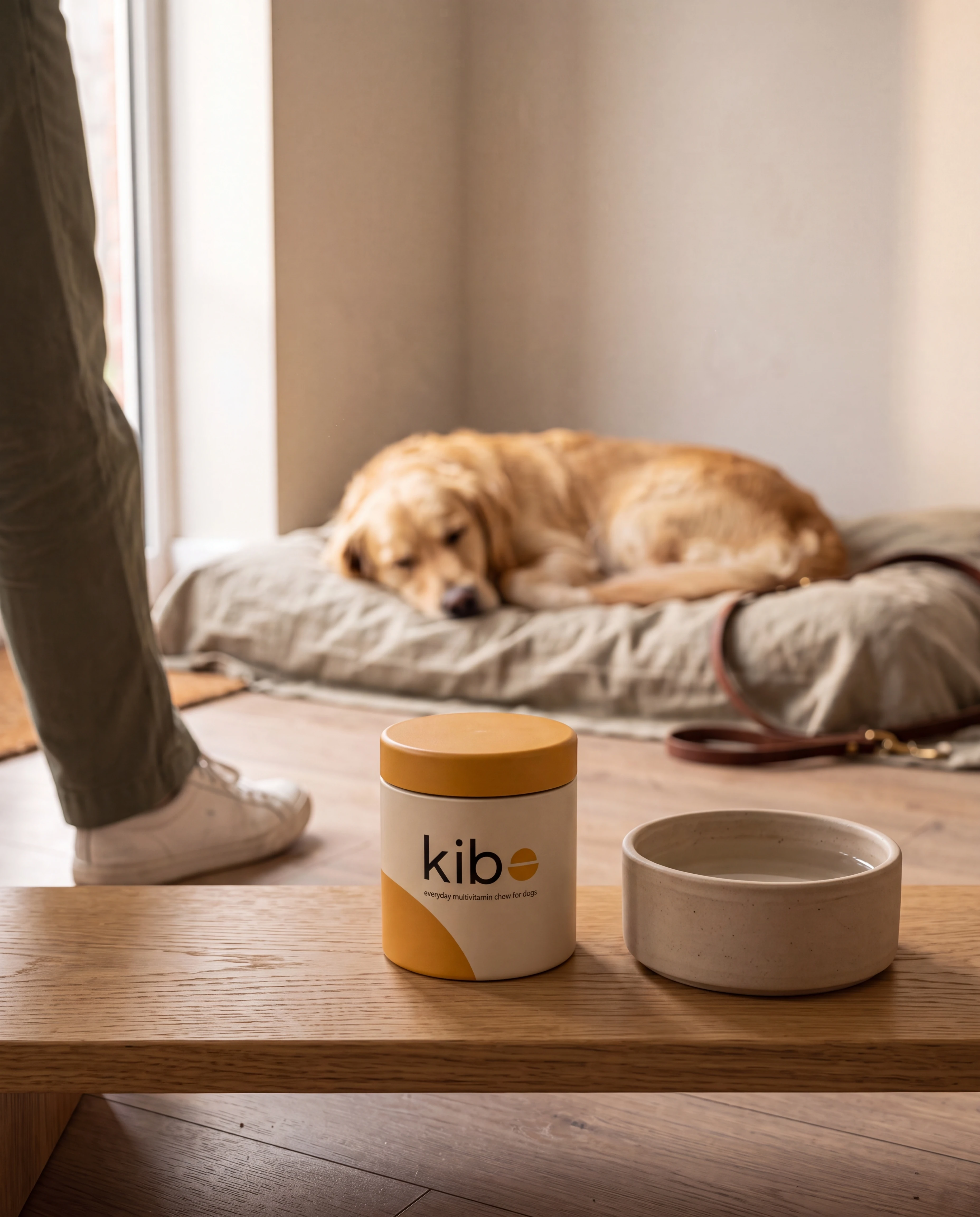 A Kibo jar and ceramic bowl in the foreground while a golden retriever rests at home