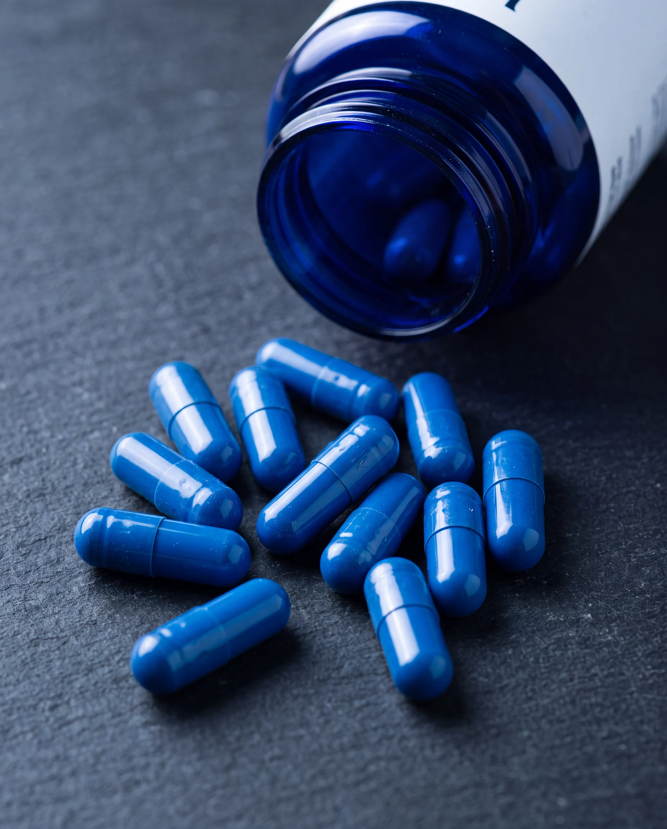 Cobalt KINS capsules arranged naturally on a dark stone surface