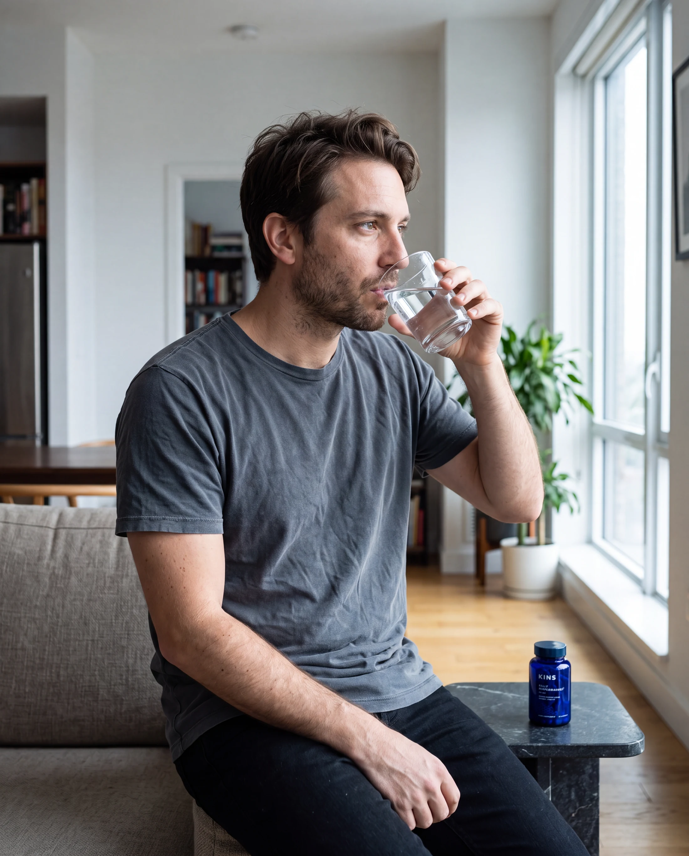 A man drinking water beside a naturally placed KINS supplement jar at home