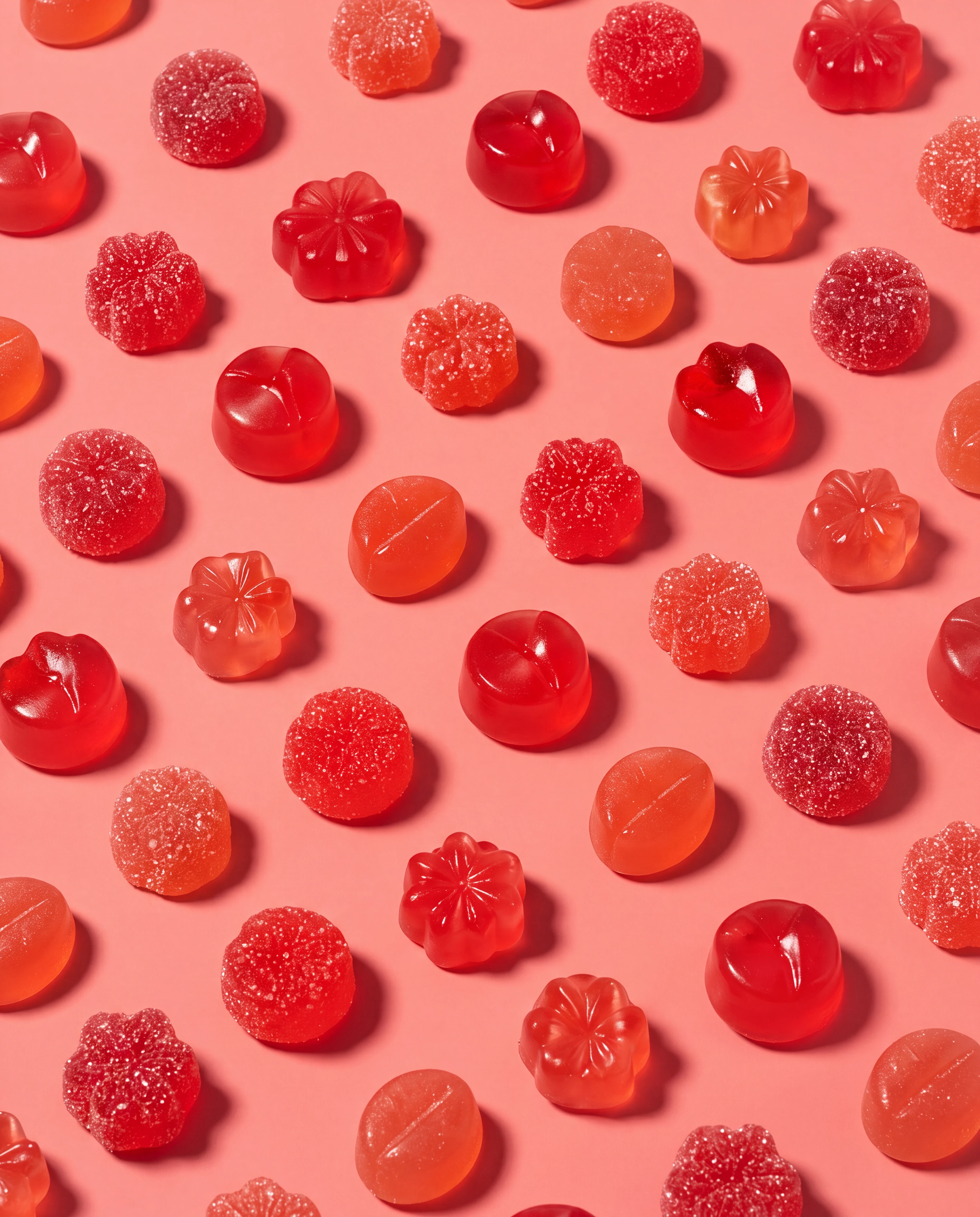Ruby and coral gummies scattered across a vivid pink studio surface