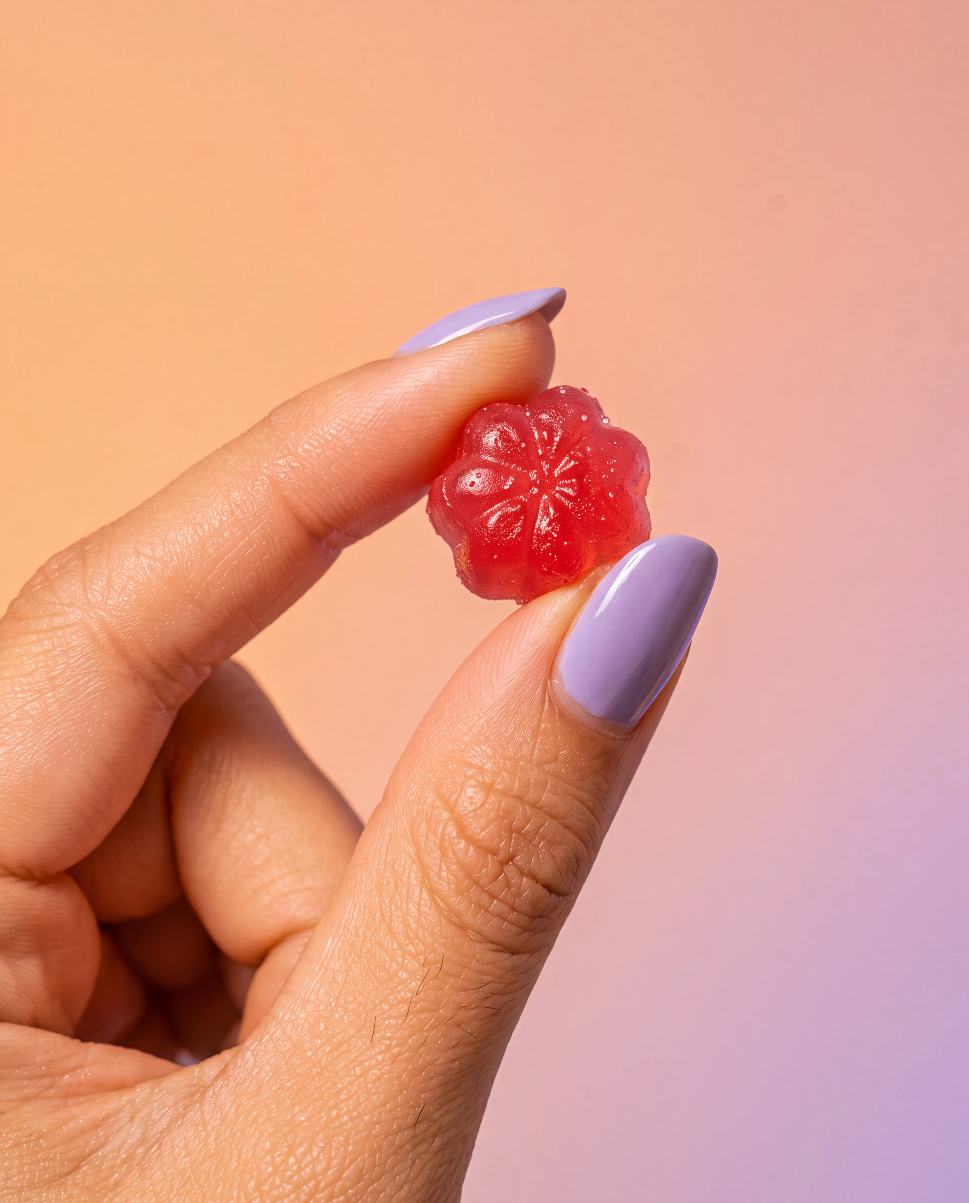 A translucent red Luma gummy held between lilac-polished fingers