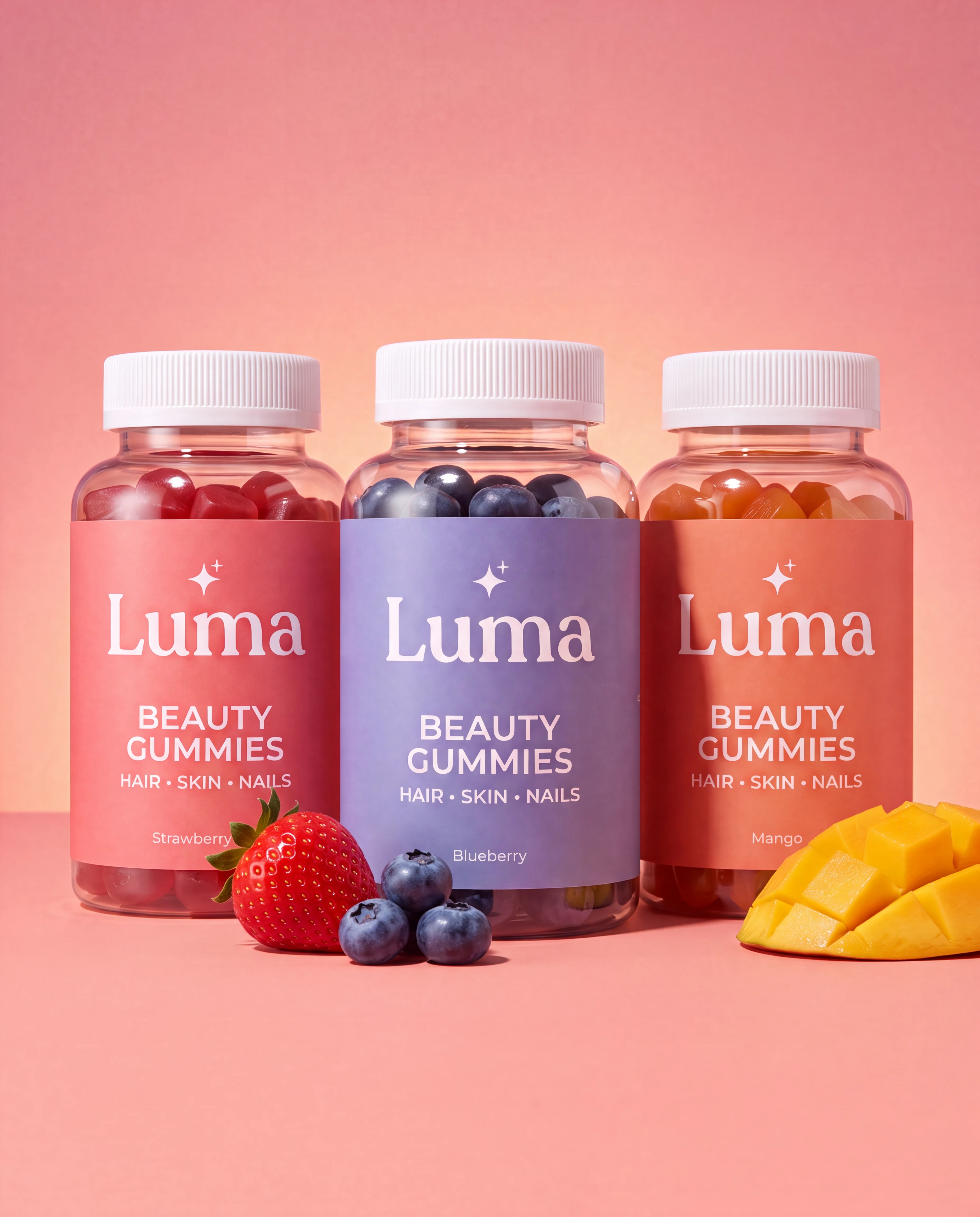 Three color-coded Luma beauty-gummies jars with strawberry, blueberry, and mango flavor cues