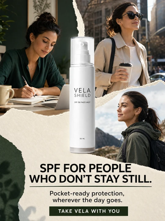 Identity-led Vela Shield ad fitting SPF into an active routine