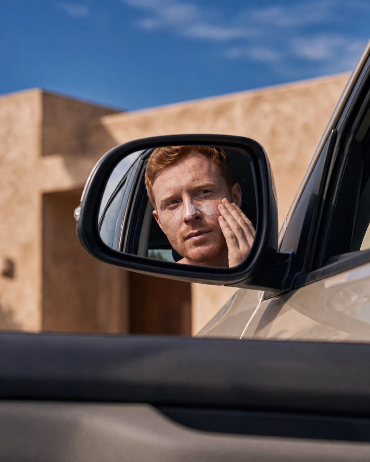 A man applying sunscreen while checking his reflection in a car mirror