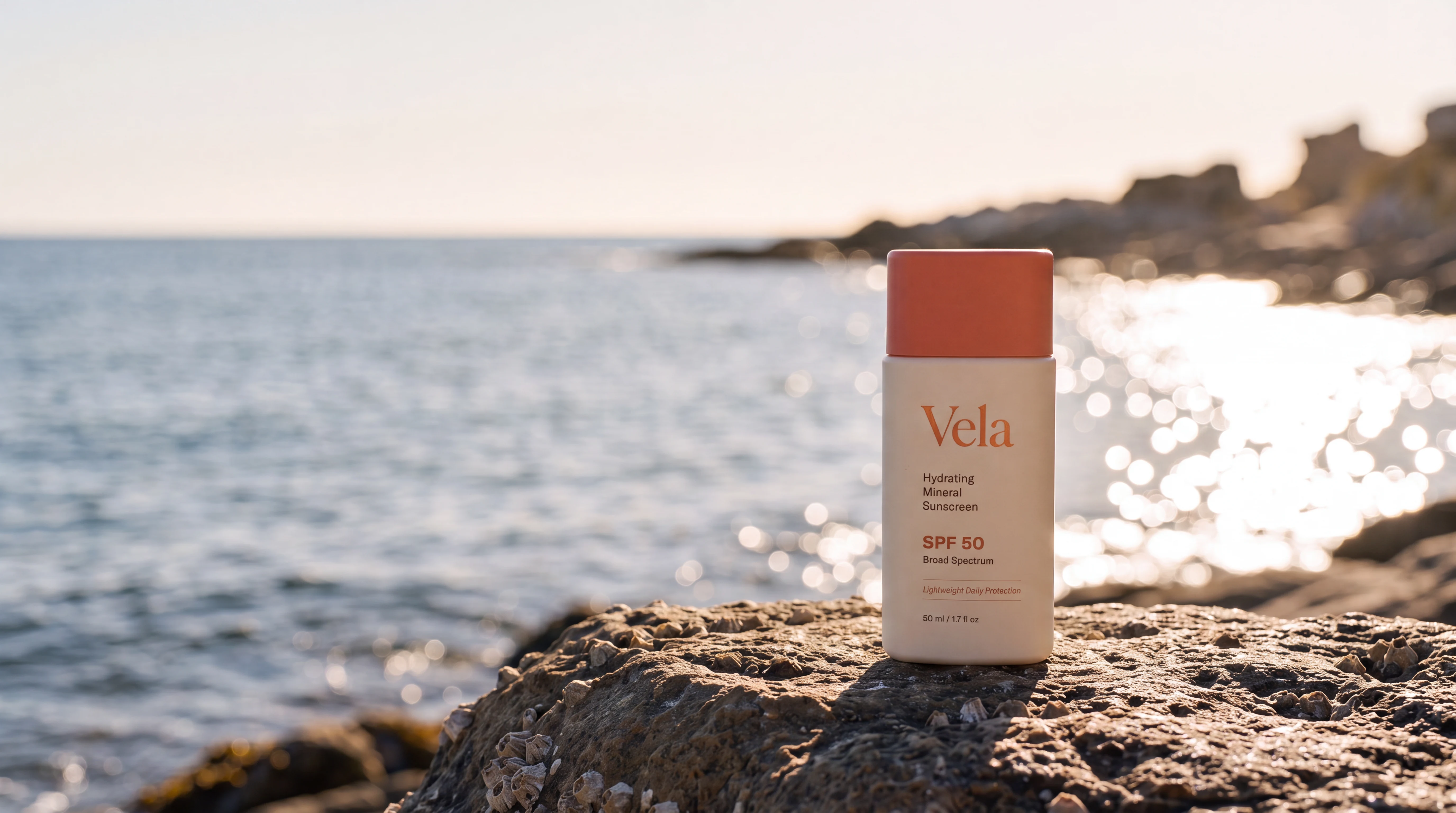 Vela mineral sunscreen standing on a coastal rock in warm sunlight