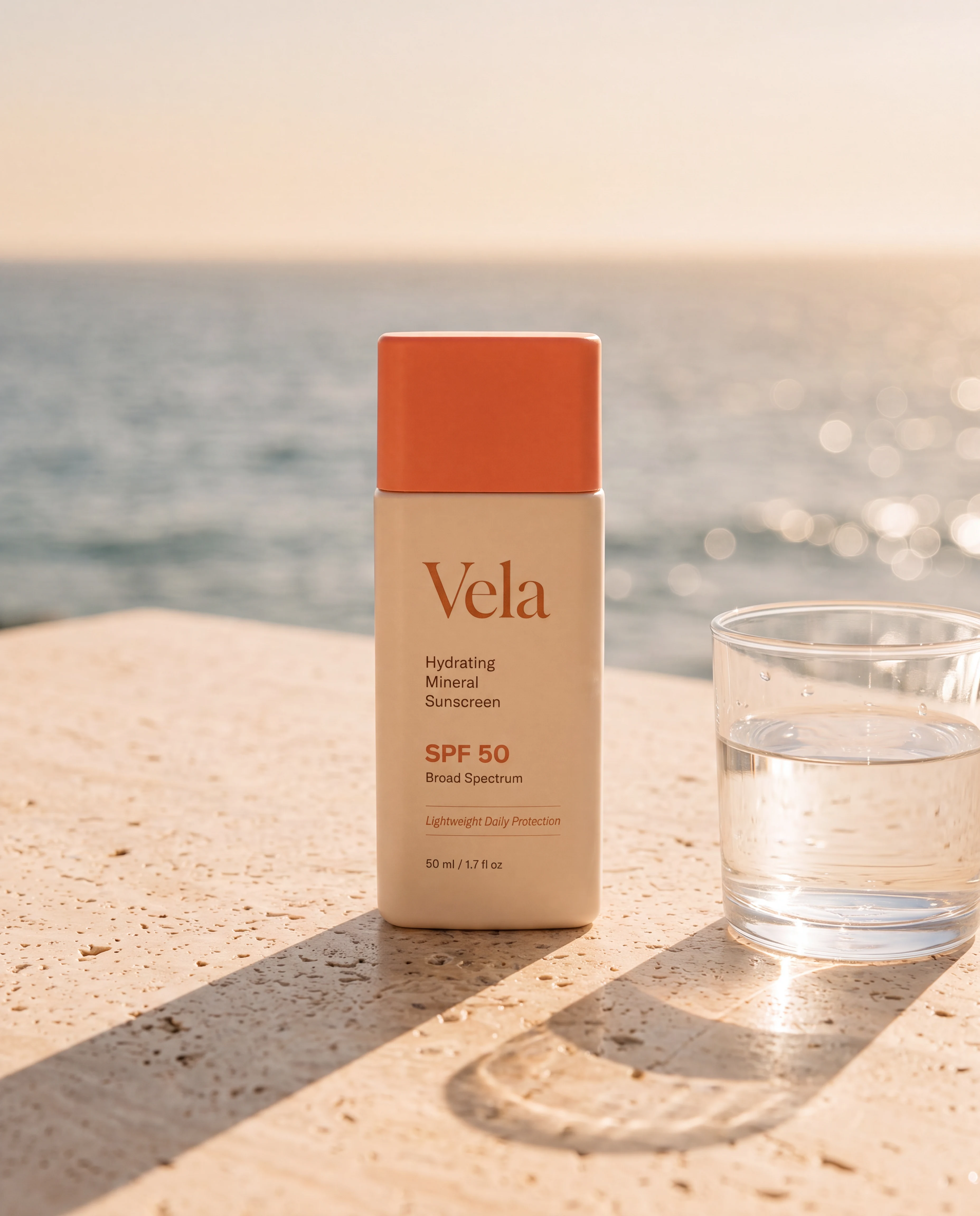Vela sunscreen on a travertine table beside the sea