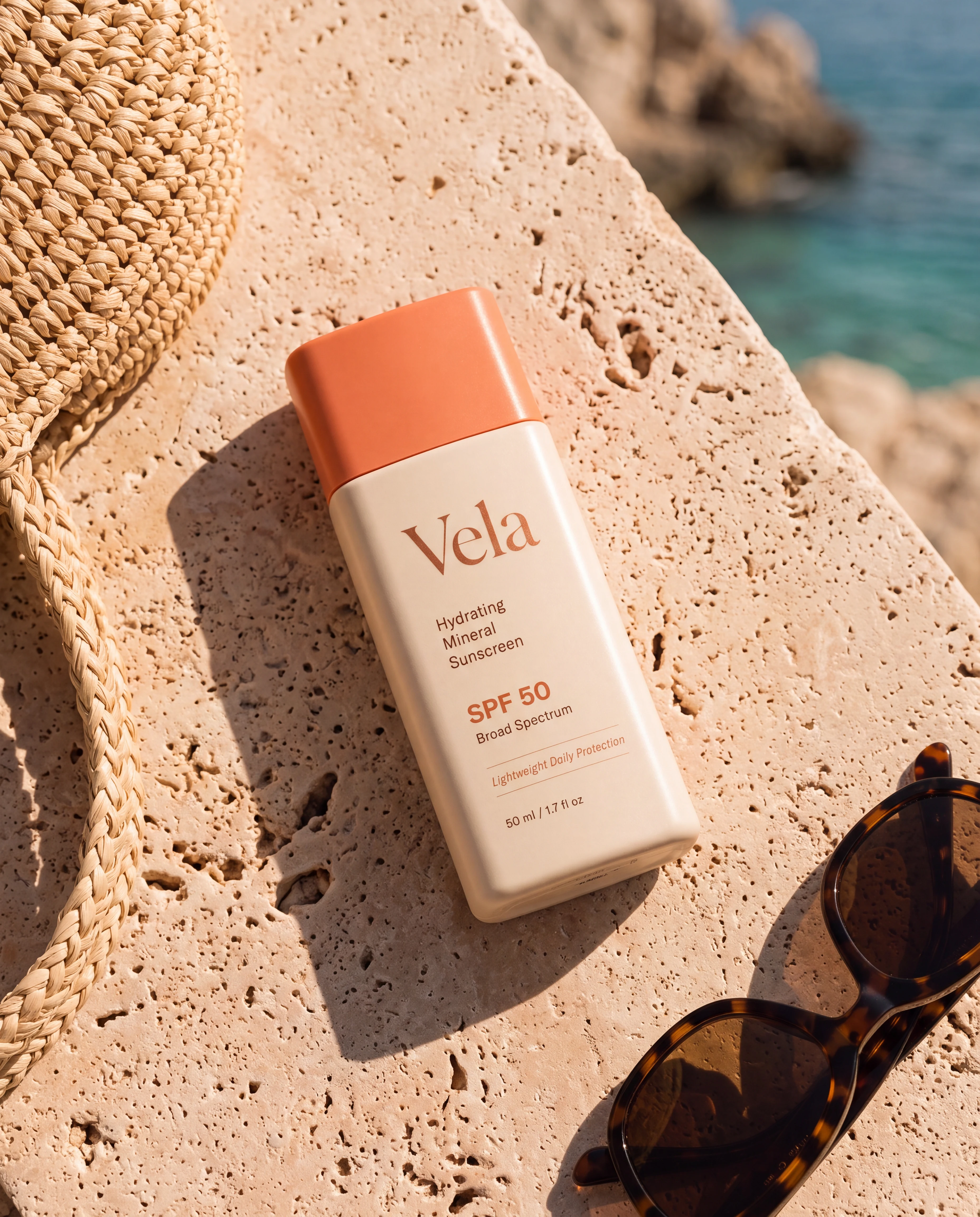 Vela sunscreen photographed diagonally on warm coastal limestone