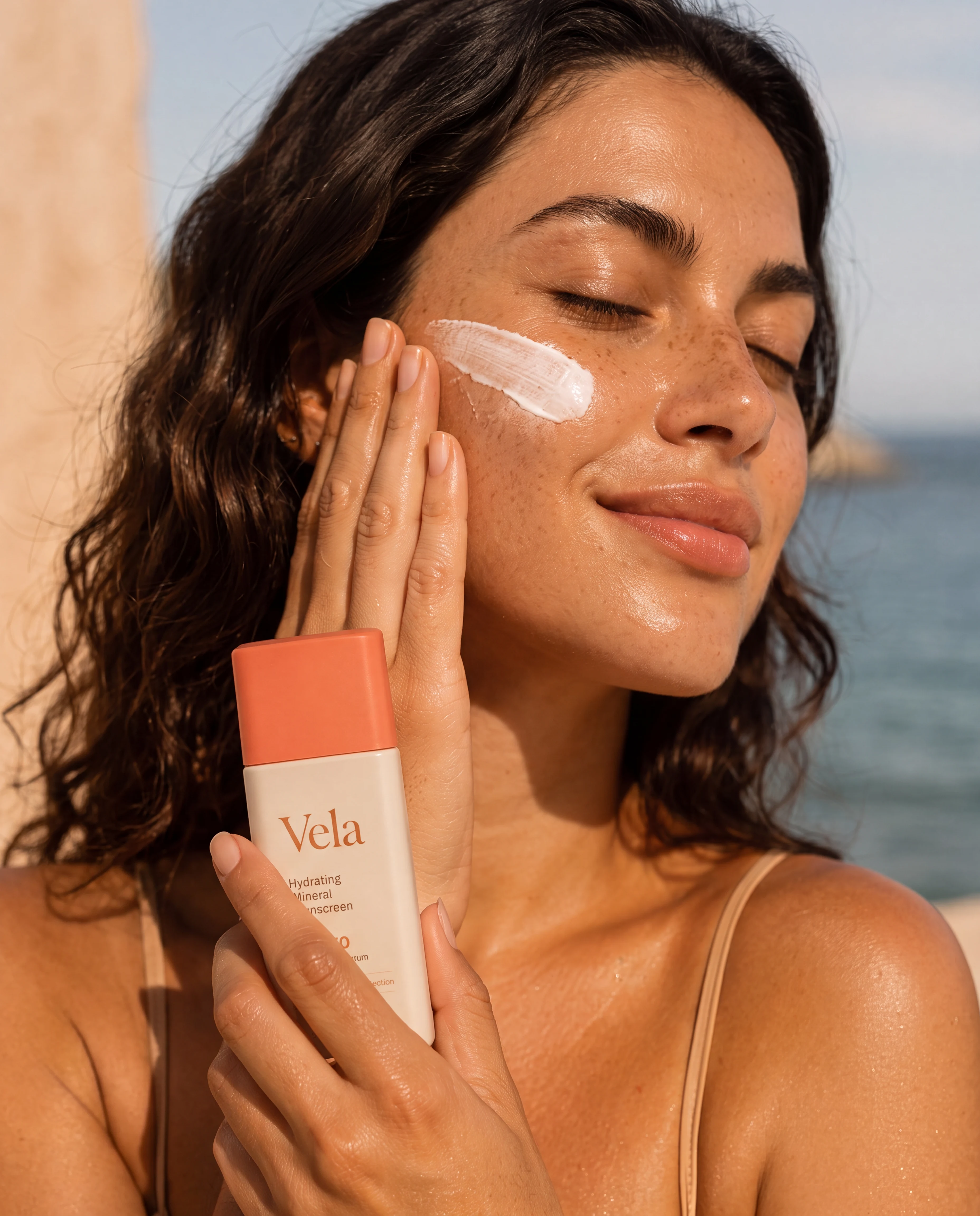 A woman applying Vela mineral sunscreen in natural coastal light