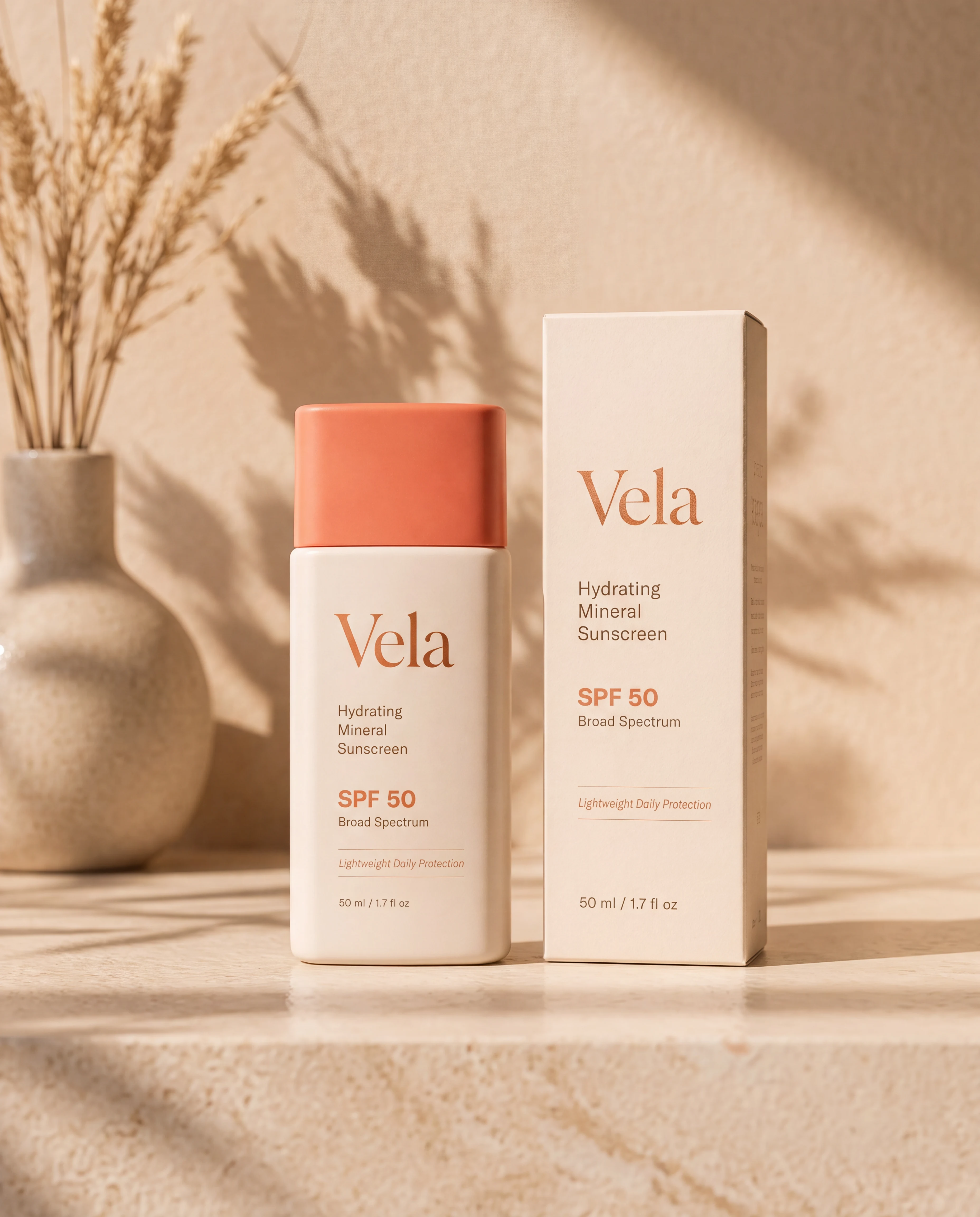 Vela bottle and retail carton in warm window light