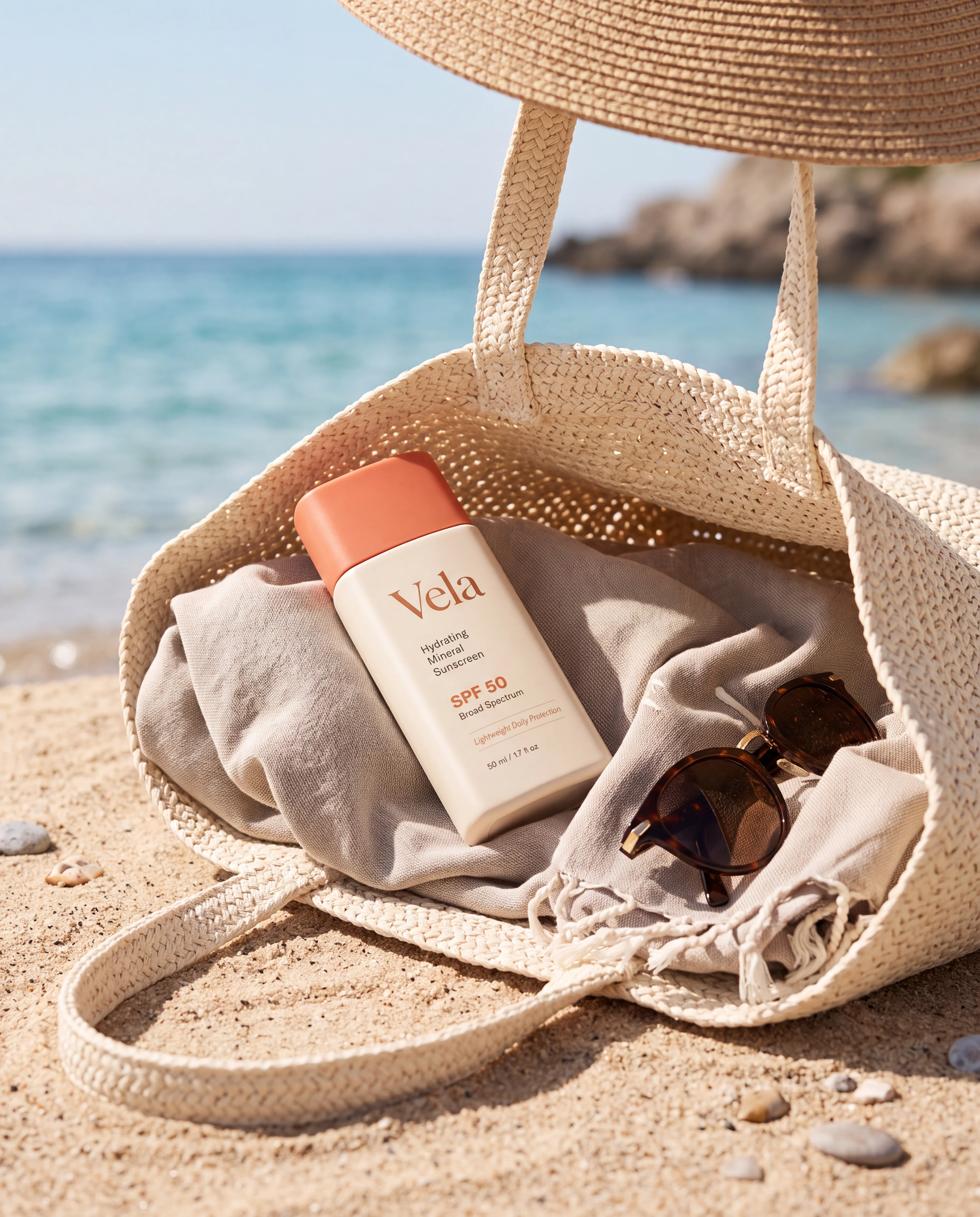 Vela sunscreen resting naturally in a woven beach tote