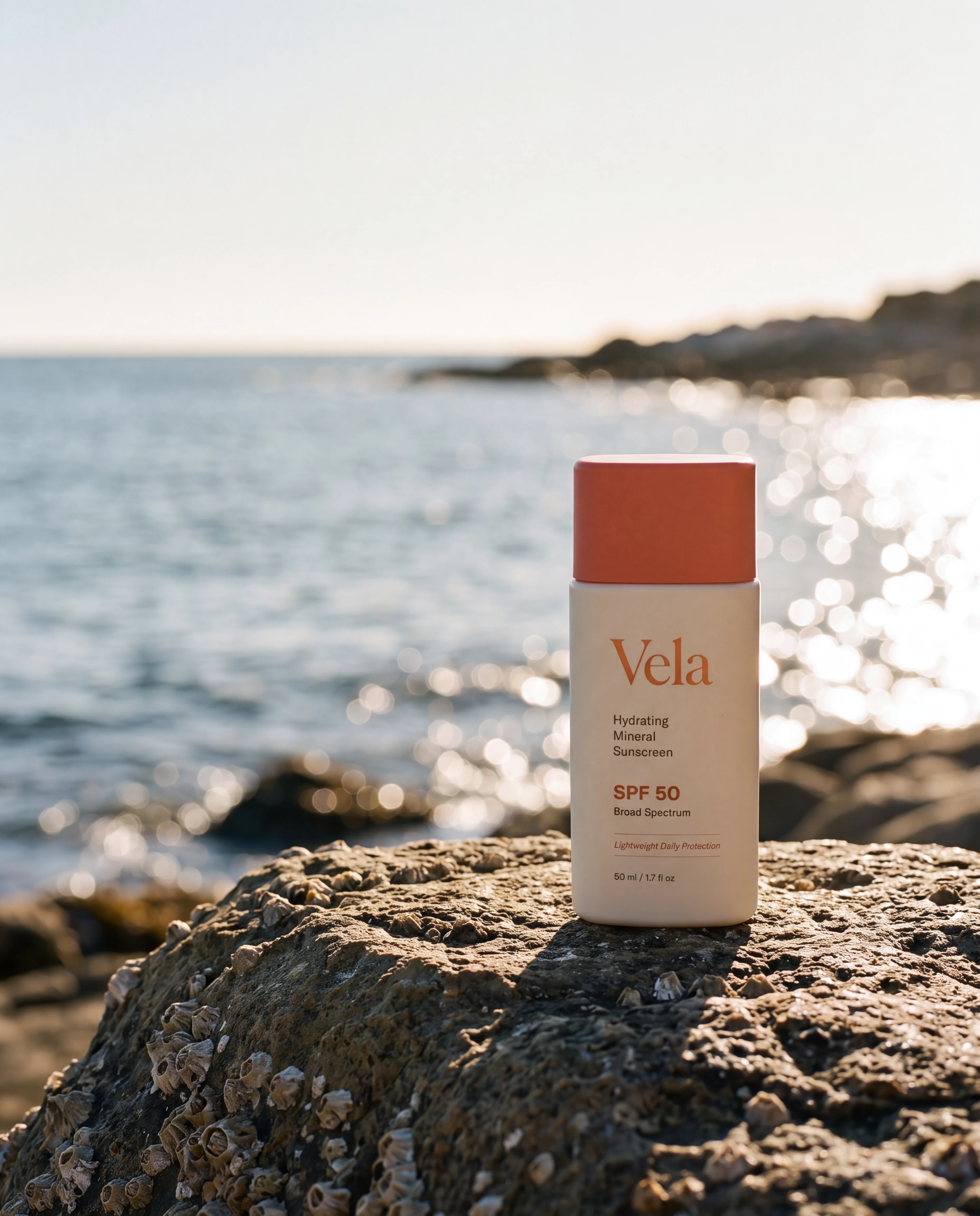 Vela mineral sunscreen standing on a weathered rock beside the sea