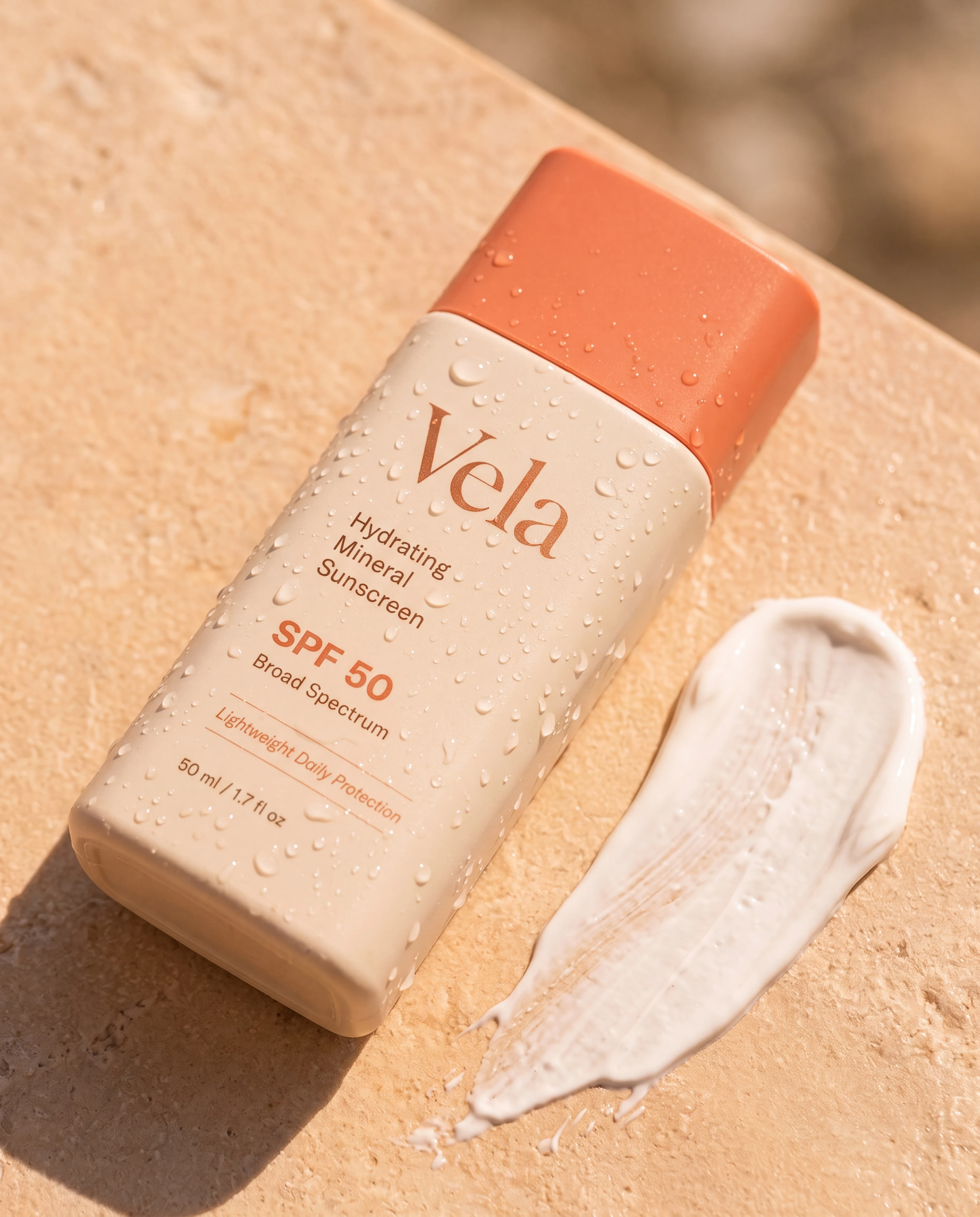 Wet Vela sunscreen bottle beside a tactile mineral cream swipe