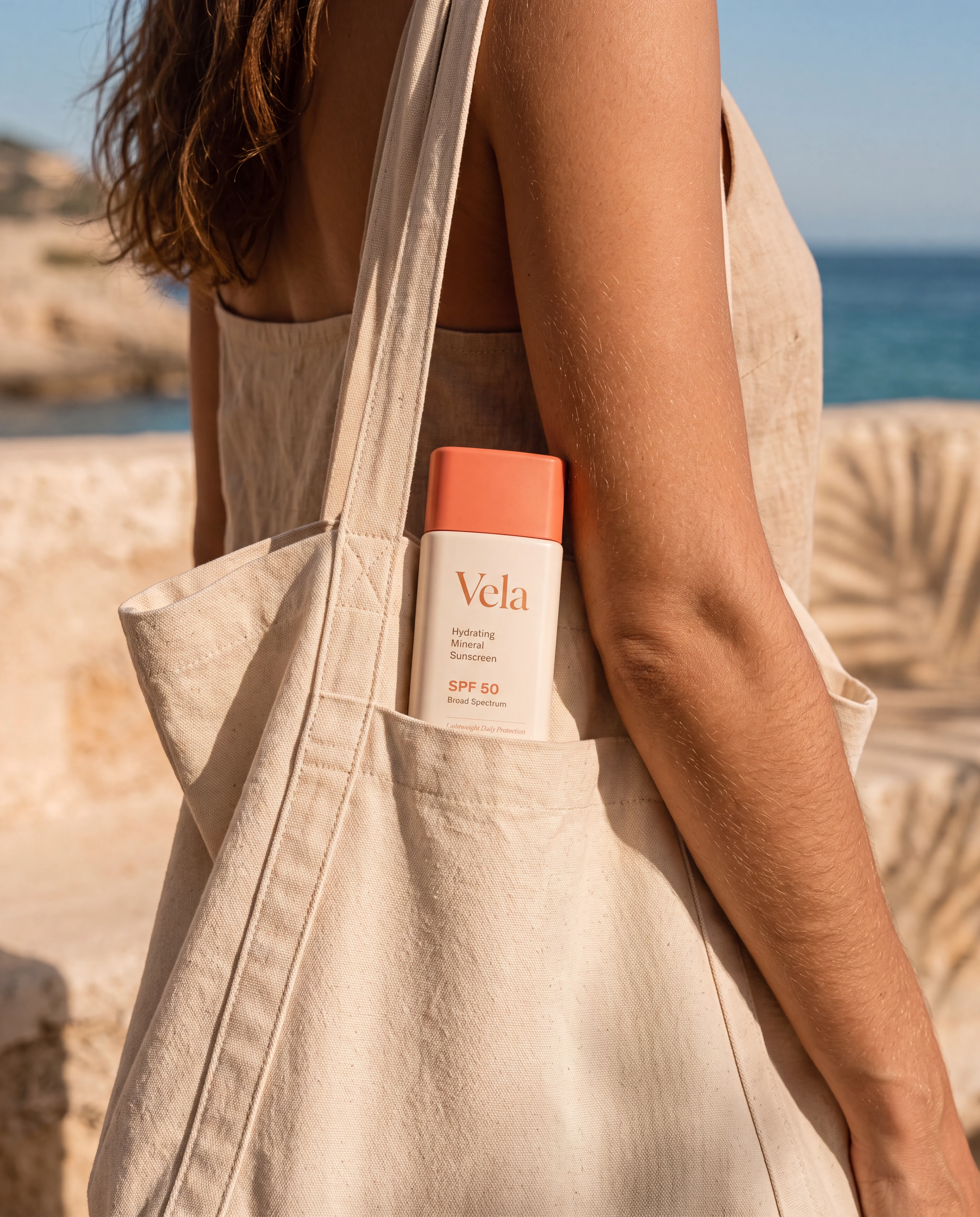 Vela sunscreen carried naturally in the outer pocket of a canvas tote