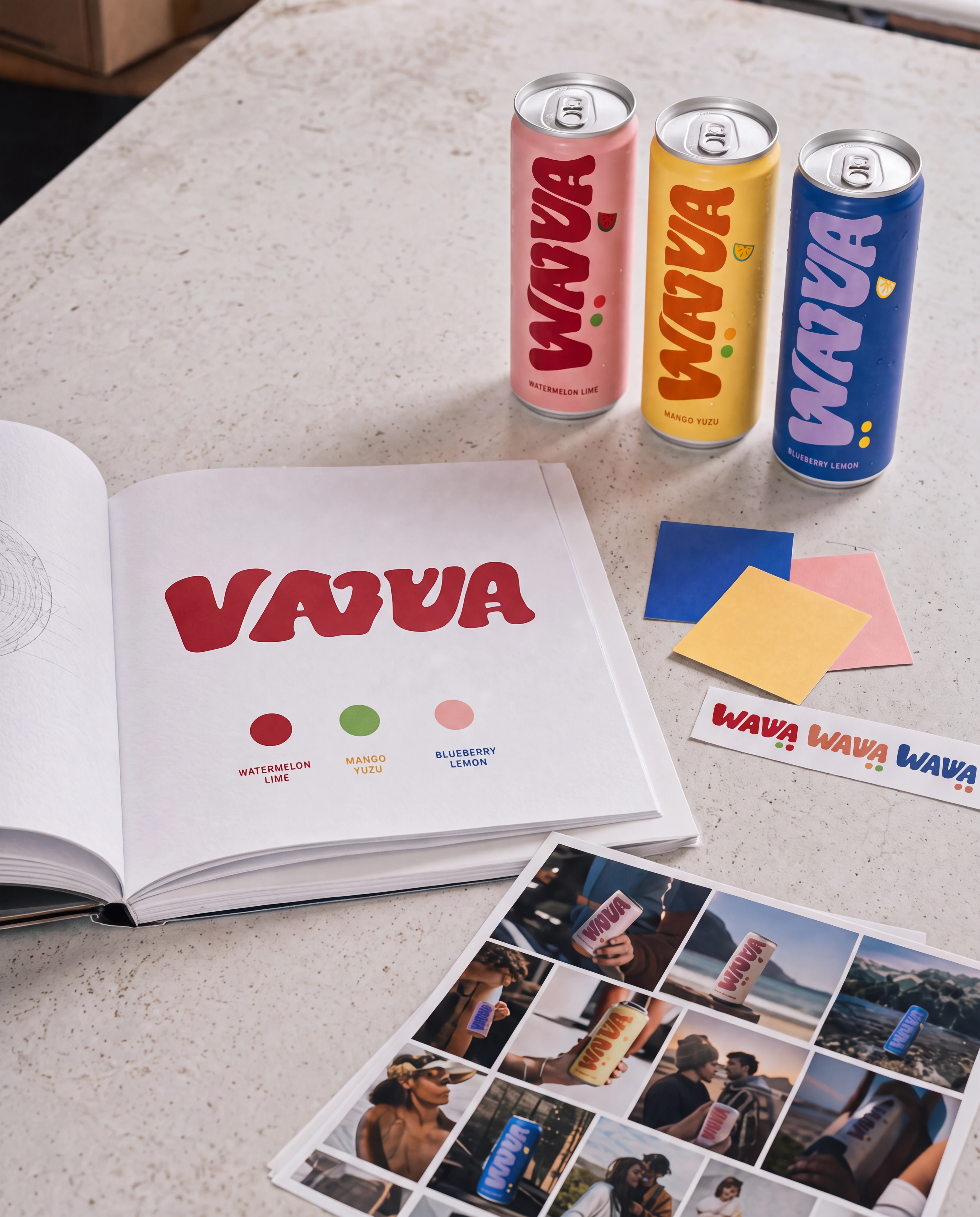 Physical Wavva brand book, color system, and three flavored cans
