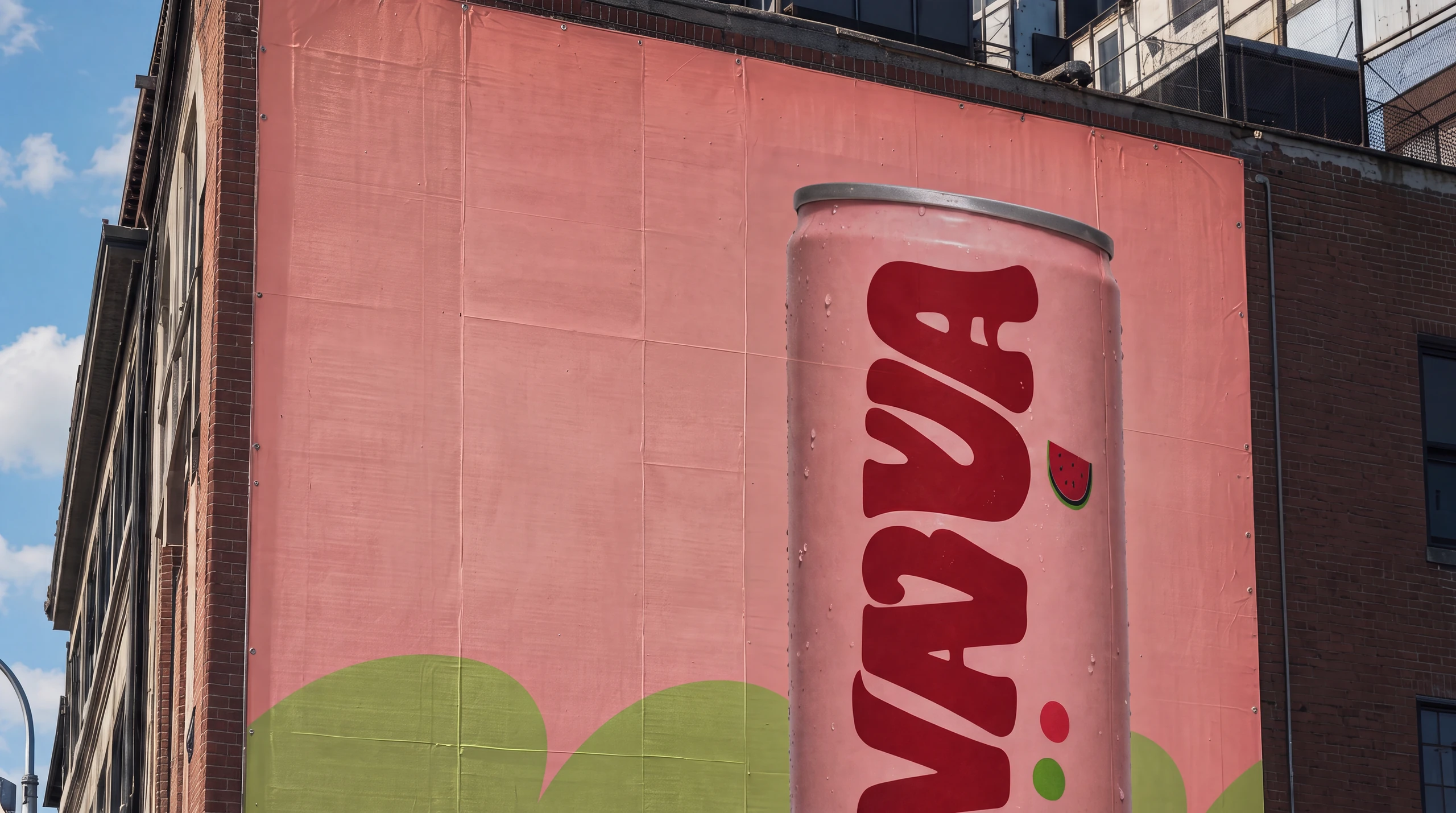 A giant pink Wavva can across a clean salmon billboard on a city building
