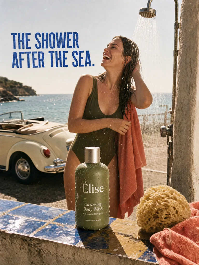 A laughing woman rinses off beside the sea and a vintage car while one Elise Cleansing Body Wash bottle stands on a colorful tiled ledge under the headline The shower after the sea.