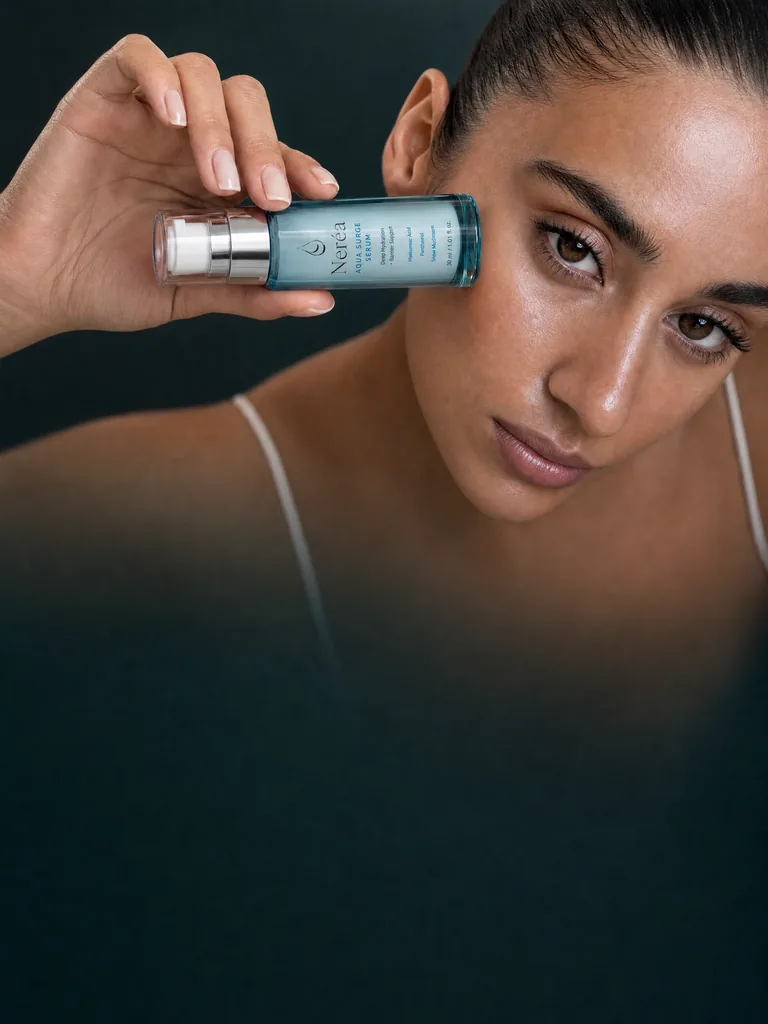 Woman holding Néréa Aqua Surge Serum beside her eye