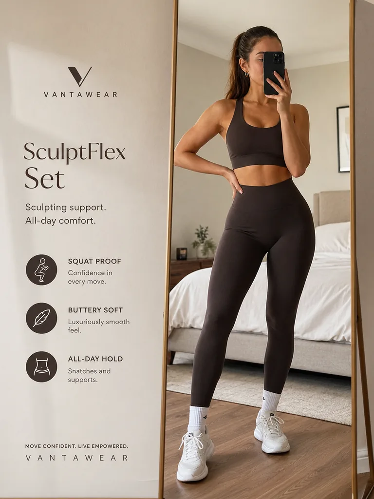 Vantawear SculptFlex Set ad featuring a woman wearing the dark brown activewear set beside squat-proof, buttery-soft and all-day-hold benefits