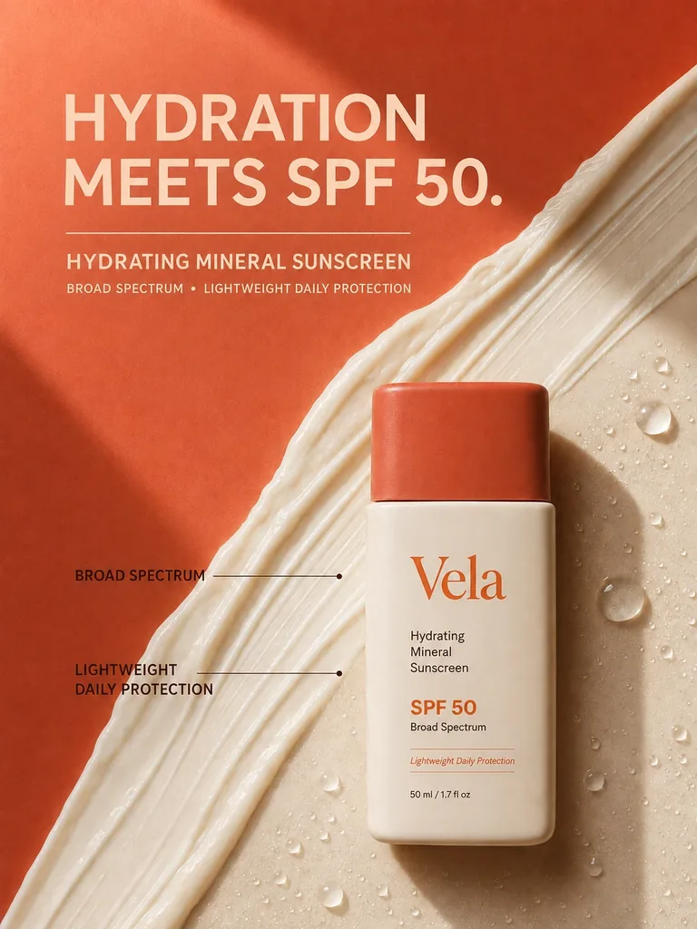 Vela Story ad showing the accurate SPF 50 mineral sunscreen bottle with cream and water textures