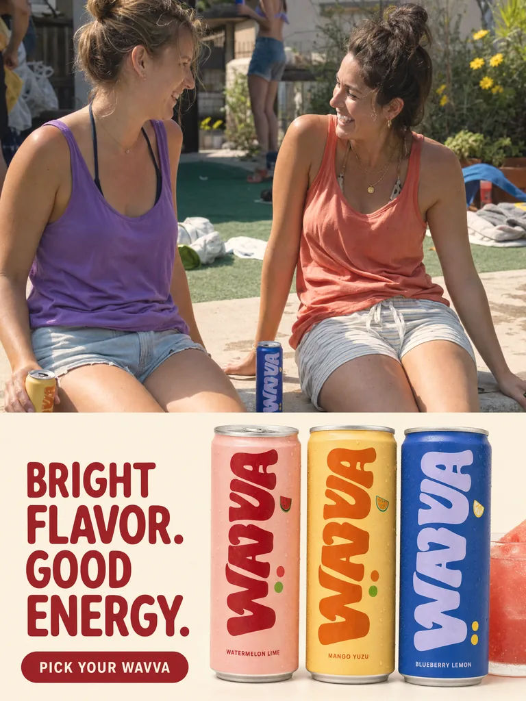 Wavva Bright Flavor. Good Energy. poolside ad with two laughing women and the three-flavor lineup