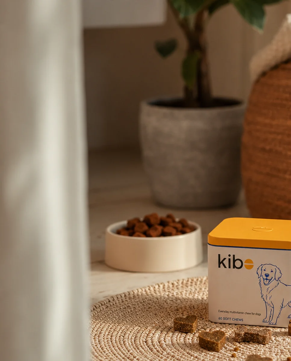 A current Kibo multivitamin tin and chews arranged on a woven mat in a warm home