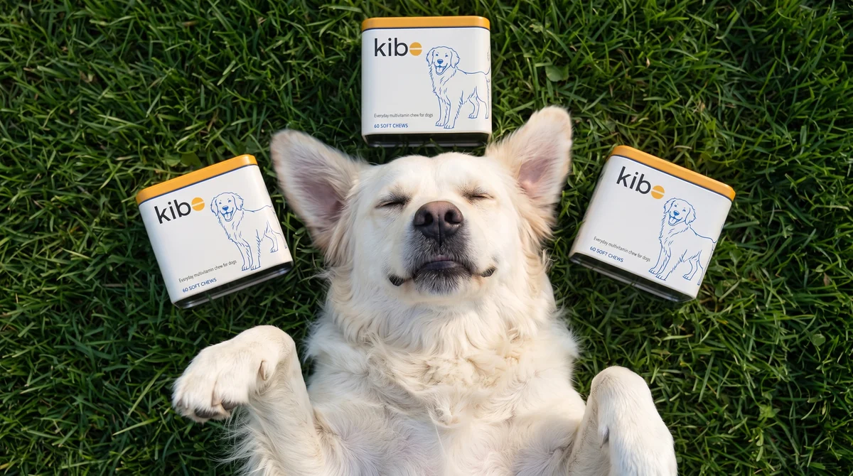 A white dog relaxing on grass between three Kibo multivitamin tins