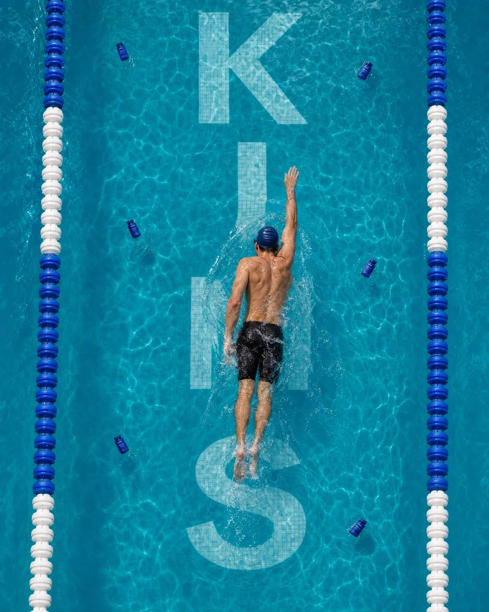 An overhead swimmer above KINS pool-floor lettering and palm-sized floating bottles