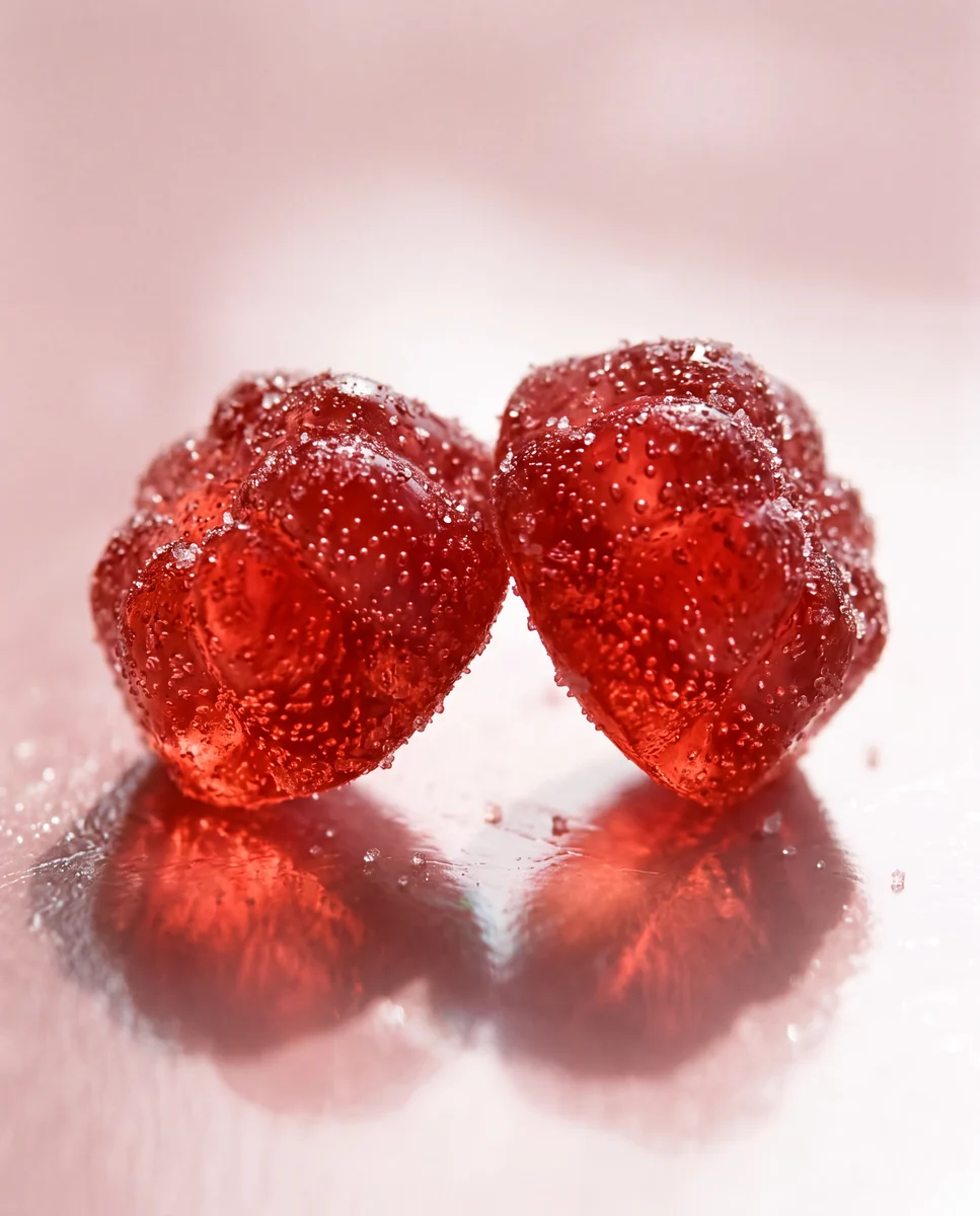 Macro detail of translucent ruby-red beauty gummies