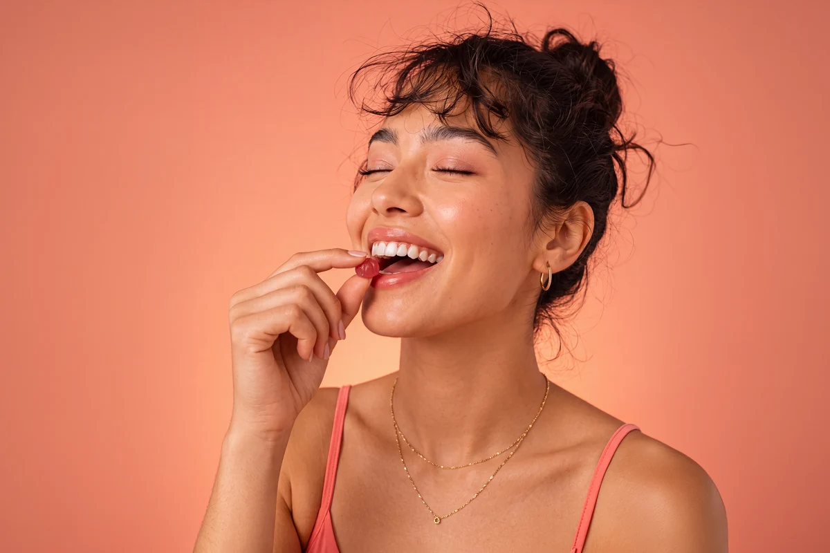 A smiling woman taking a red Luma beauty gummy against a warm coral background