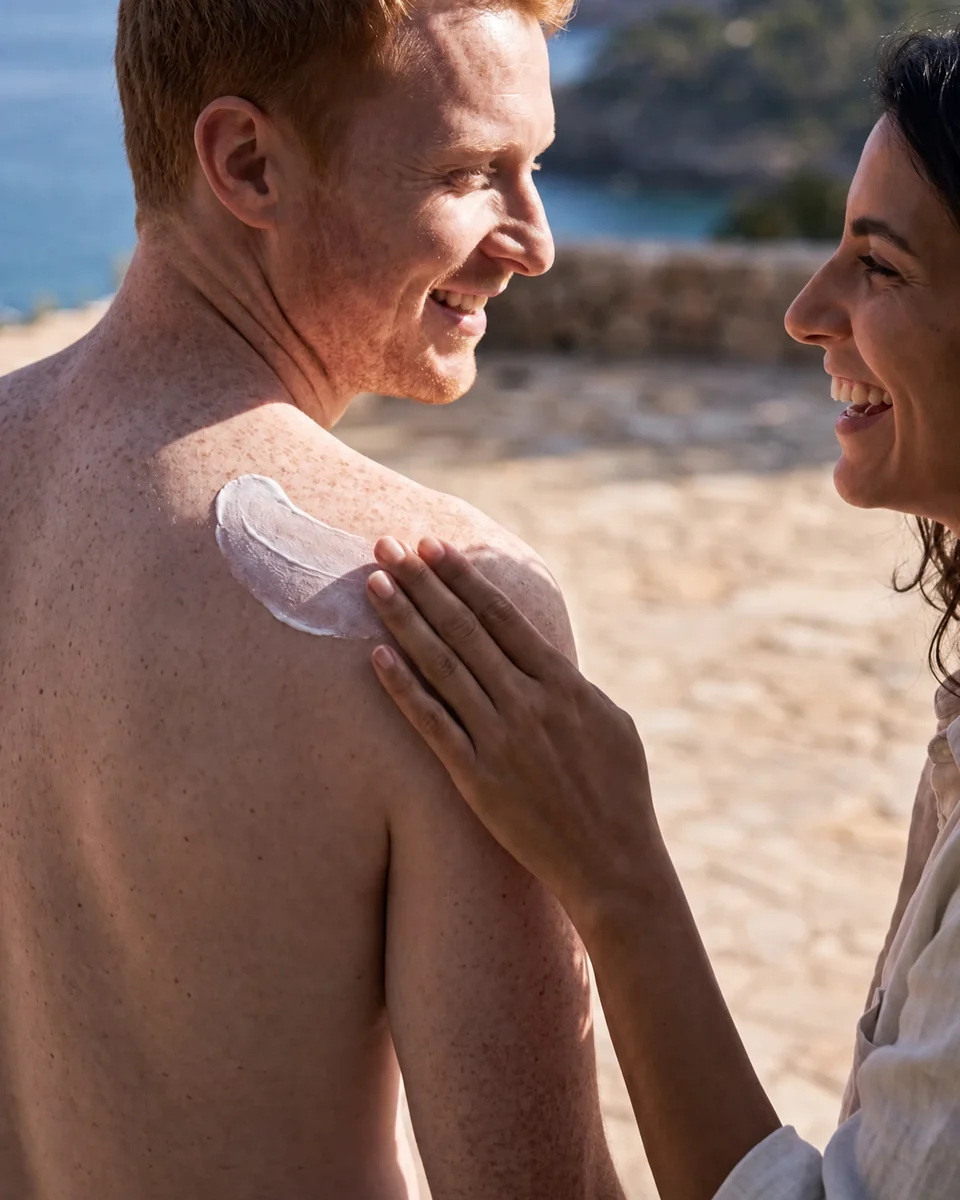 One friend applying mineral sunscreen across another friend's shoulder on a sunlit coast
