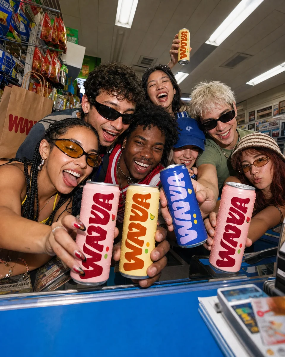 A group of friends gathered around Wavva energy drinks in a convenience store