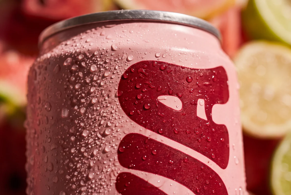 Macro photograph of a chilled pink Wavva can covered in condensation